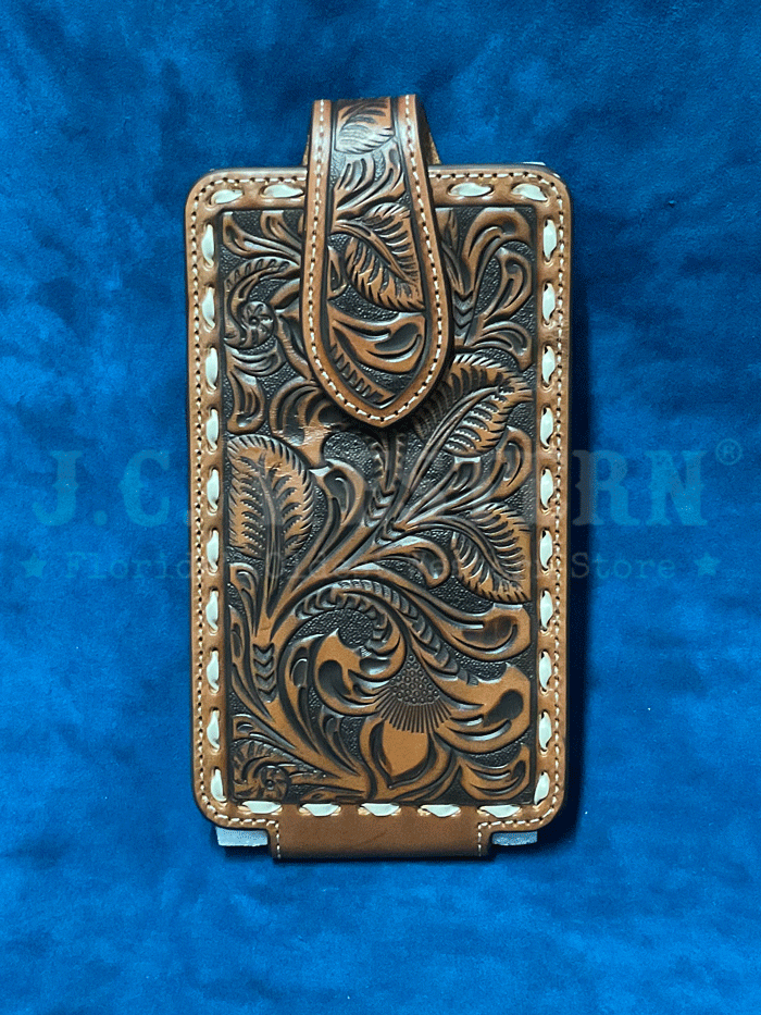 Ariat A0601902 Floral Embossed Leather Phone Case for iPhone & Samsung - Brown Cowhide Protective Cover - Perfect for Work, Travel & Outdoor Activities