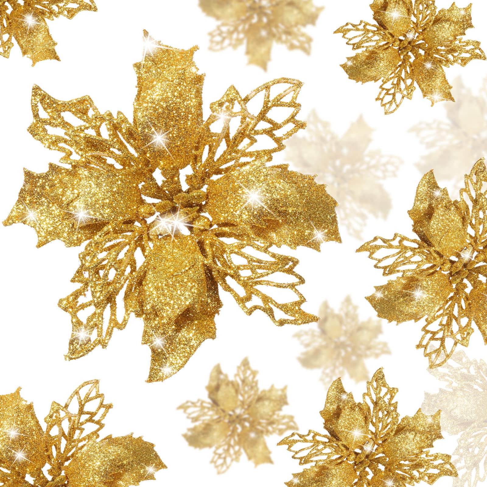 24-Piece Gold Glitter Artificial Poinsettia Flowers - Christmas Tree Decorations, Wedding Centerpieces, Holiday Party & New Year Ornaments for Festive Home Decor