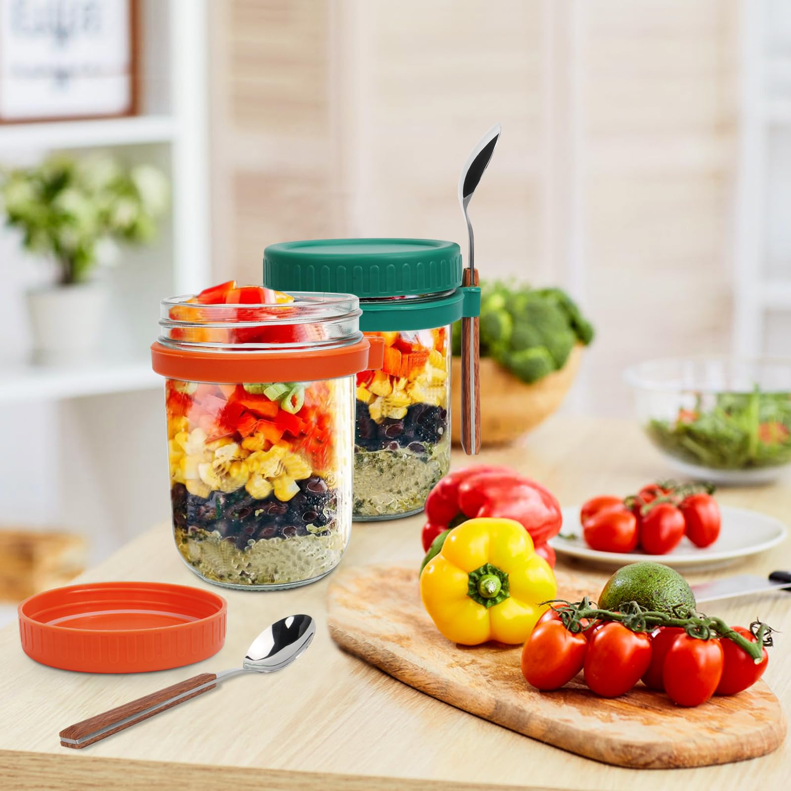 6 Pack 16 oz Glass Overnight Oats Containers with Lids & Spoons - Large Airtight Storage Jars for Yogurt, Milk, Cereal & Meal Prep - Perfect for Breakfast On-The-Go, Office Lunch & Healthy Snacks