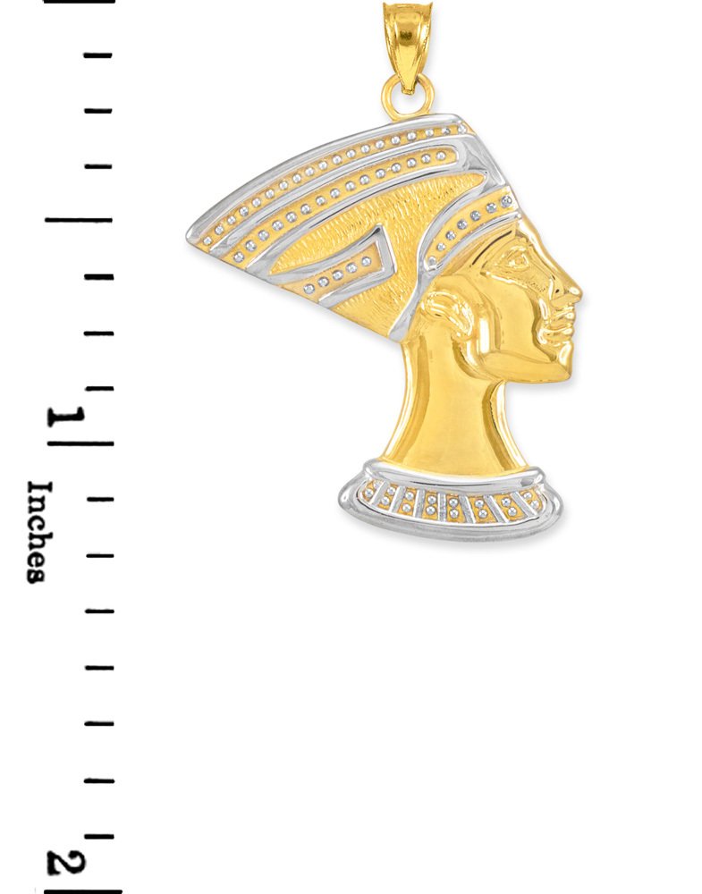 10K Two-Tone Gold Egyptian Queen Nefertiti Charm Pendant Necklace - High Polish Sideways Cross Design, 20