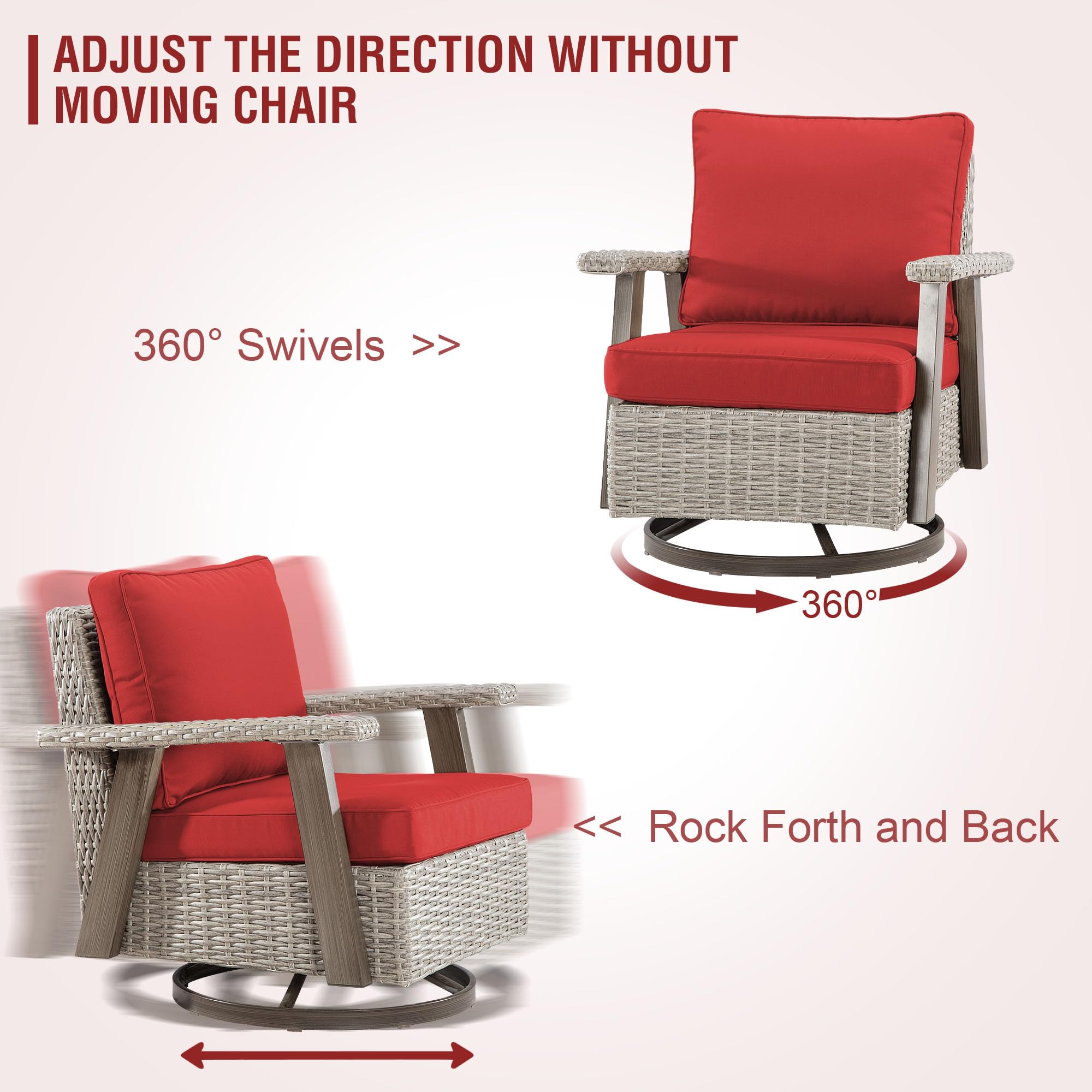2-Piece Outdoor Swivel Rocking Chair Set - Rattan Wicker Patio Furniture with Cushion for Porch, Deck, Balcony & Garden (Red) | Perfect for Relaxing, Entertaining & Outdoor Conversations