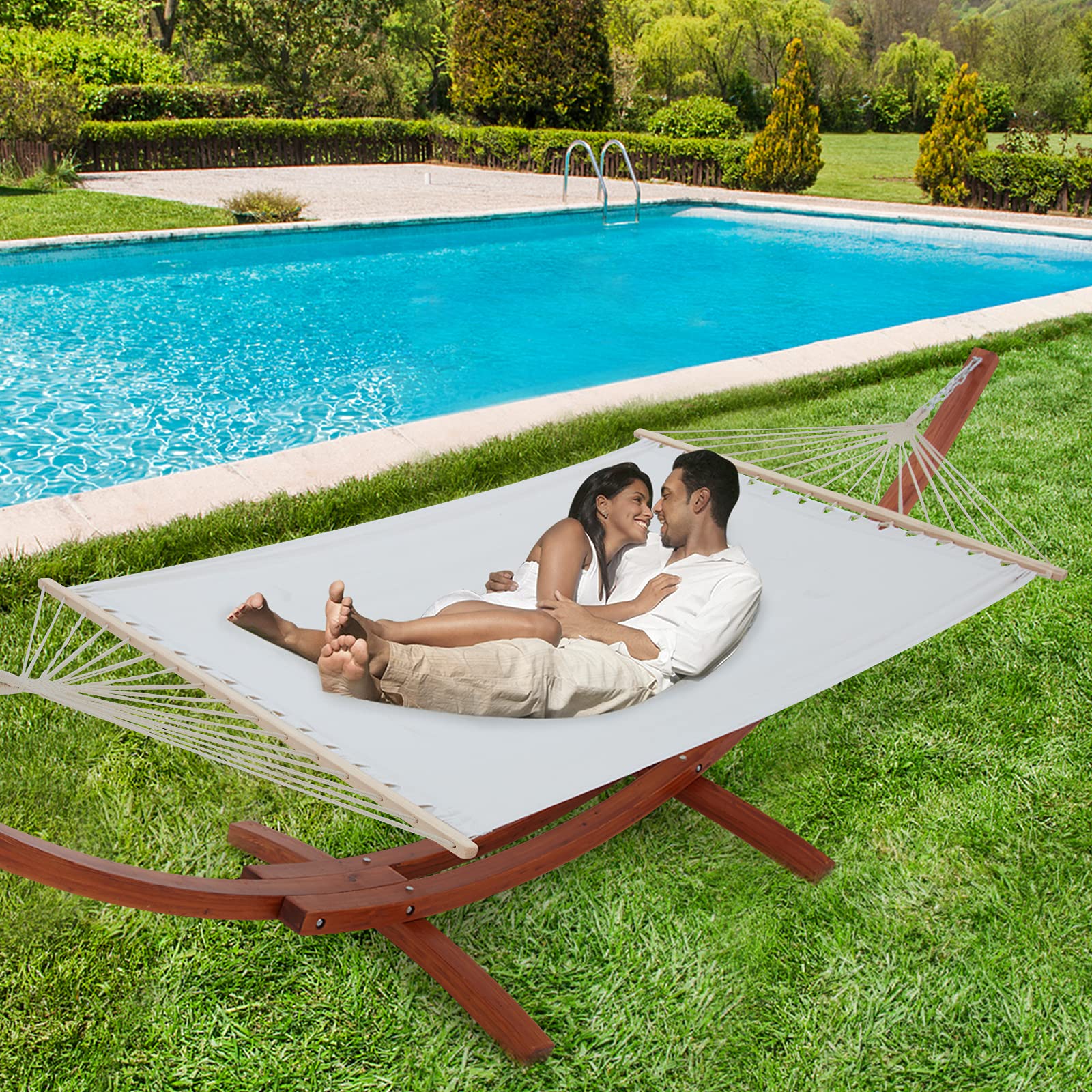 ECOTOUGE 13.3 FT Wooden Double Hammock with Stand - Heavy Duty 2 Person Hammock for Outdoor, Patio & Backyard - Easy to Assemble, Weatherproof & Premium Quilted Camping Hammock (White) - Perfect for Relaxing, Lounging & Camping Trips