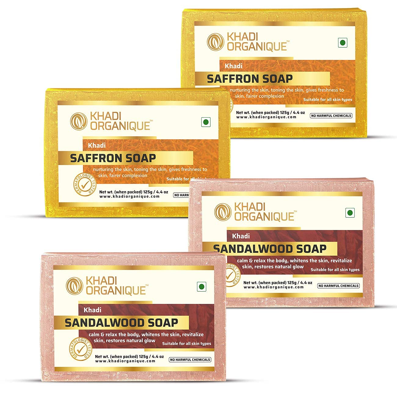 Khadi Organique Handmade & Herbal Soap Set - 2 Sandalwood & 2 Saffron Soaps (4x125g) | Natural Ayurvedic Skincare for Face & Body | Perfect for Daily Cleansing & Relaxation