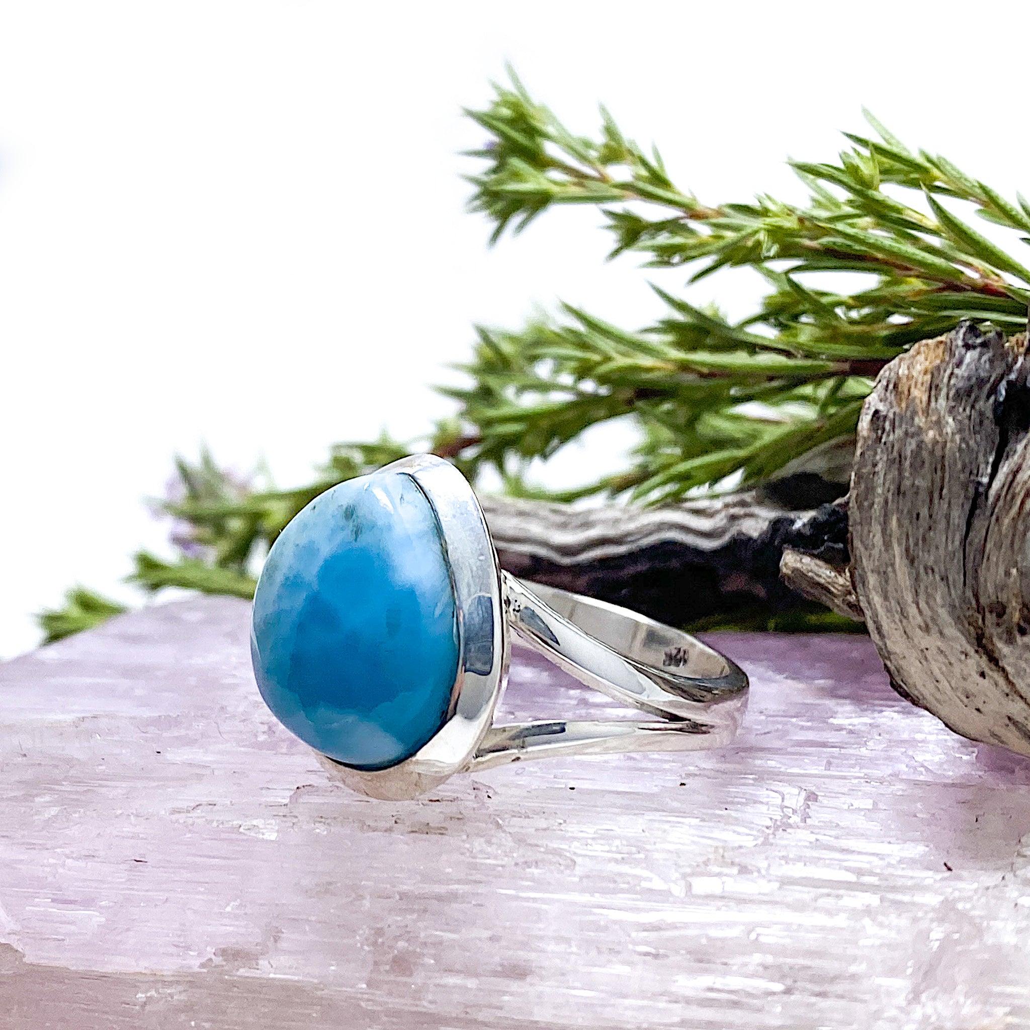 Larimar Teardrop Ring - Size 8 - KRGJ1363 - Handmade Sterling Silver Jewelry for Women - Perfect for Beach Weddings & Boho Fashion