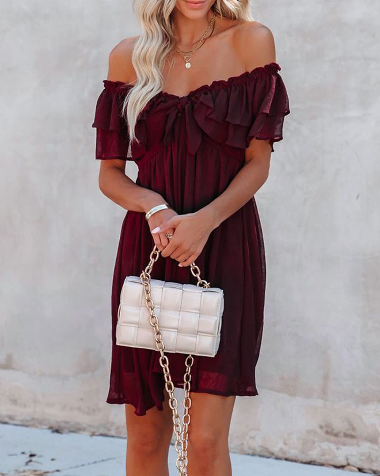 Sexy Off Shoulder Chiffon Dress for Women - Casual Loose Party Beach Cocktail Dress with Double Ruffle Layer | Perfect for Summer Vacation, Date Night & Special Occasions