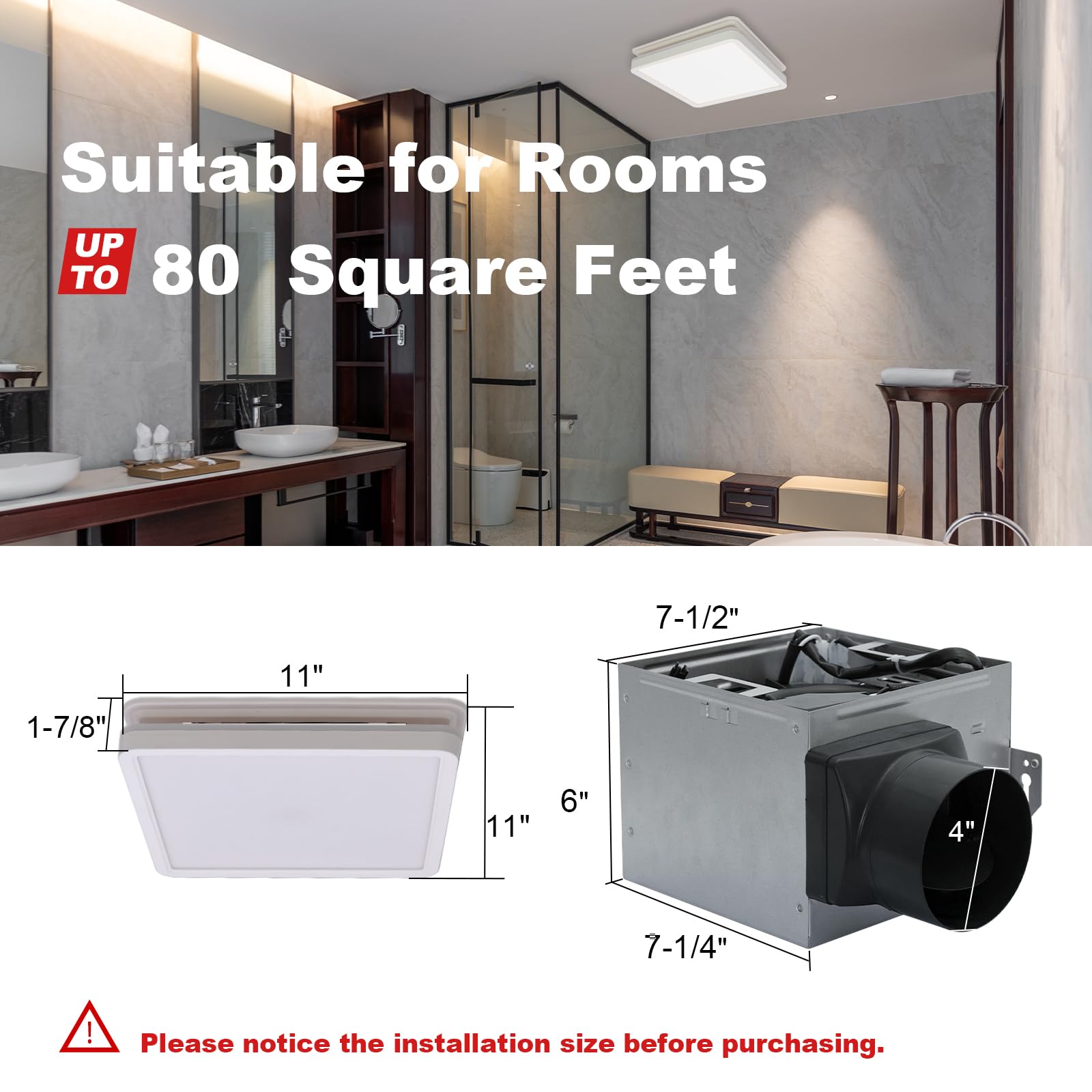 Akicon 80CFM Bathroom Exhaust Fan with Dimmable LED Light & Nightlight - Ultra Quiet 2.0 Sones Ceiling Ventilation Fan, 15W 3CCT Shower Light for Home Bathroom - Perfect for Moisture Control & Air Circulation in Bathrooms, Showers, and Laundry Rooms (Square, White)