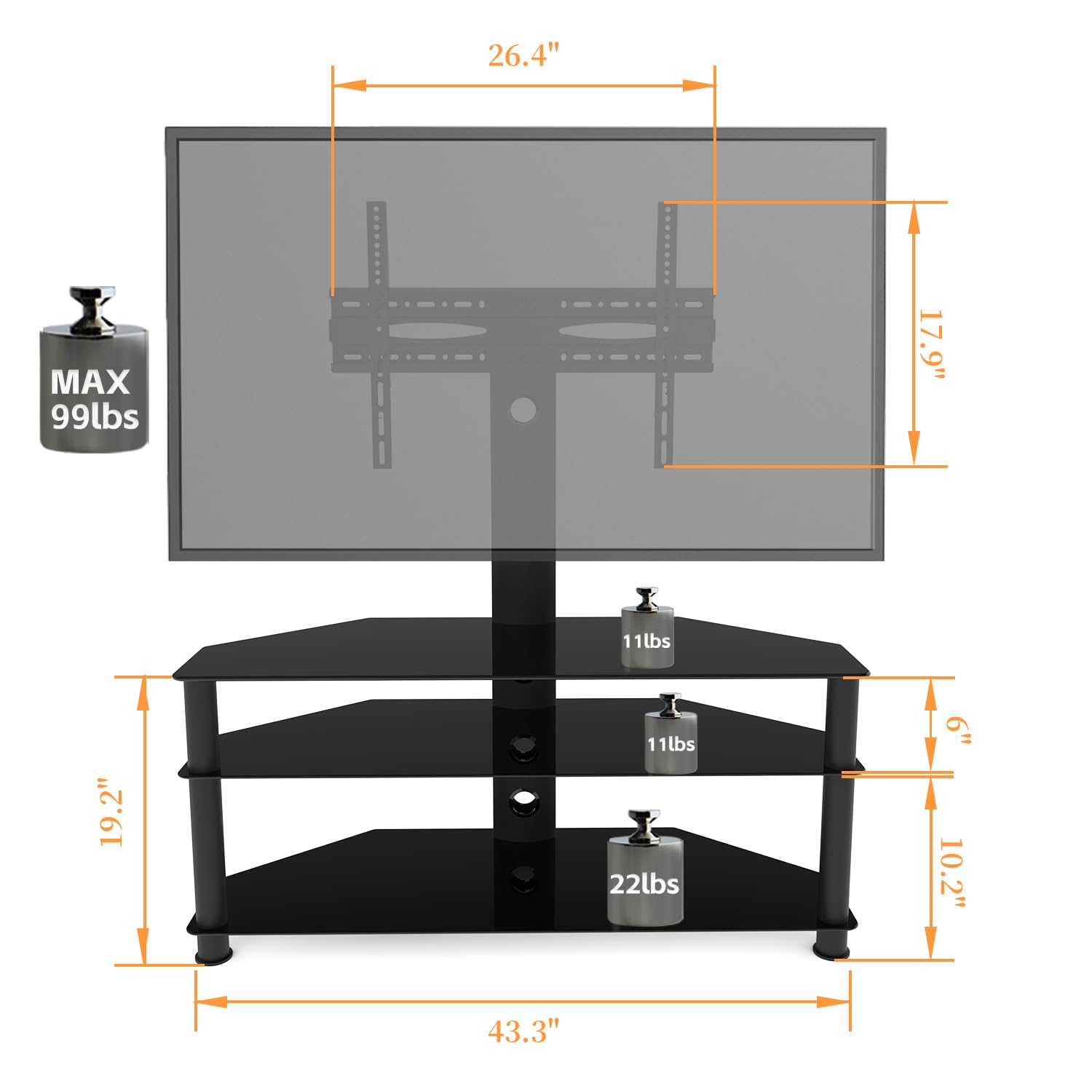 Swivel Floor TV Stand Mount with 3 Tier Tempered Glass Shelves - Height Adjustable Entertainment Center for 32-70 Inch TVs (Max VESA 600x400mm) - Perfect for Living Room, Bedroom, or Home Theater Setup