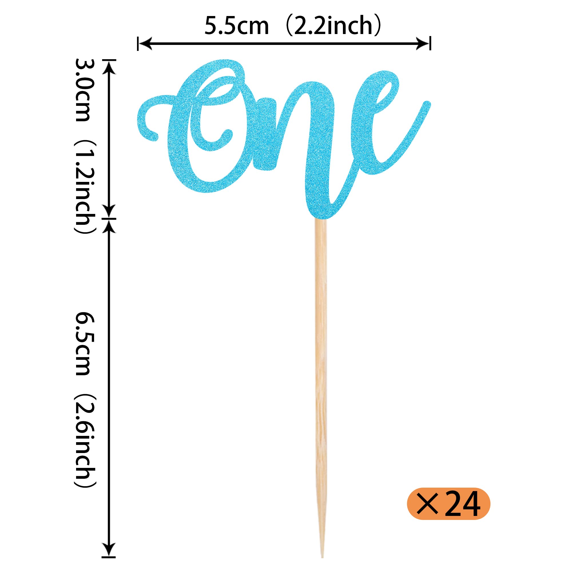 24 Pack Glitter Baby First Birthday Cupcake Toppers - Blue Food Picks for Baby Shower, 1st Birthday Party Cake Decorations (Boys, Girls, Kids) - Perfect for Birthday Cakes, Cupcakes, Dessert Tables and Party Decorations