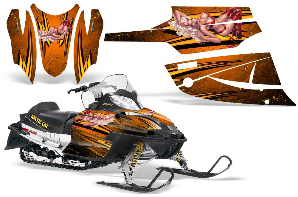 Arctic Cat Firecat 2003-2006 Snowmobile Graphics Kit - High-Quality Decals & Stickers - Little Sins Orange Design - Perfect for Trail Riding & Winter Sports Enthusiasts