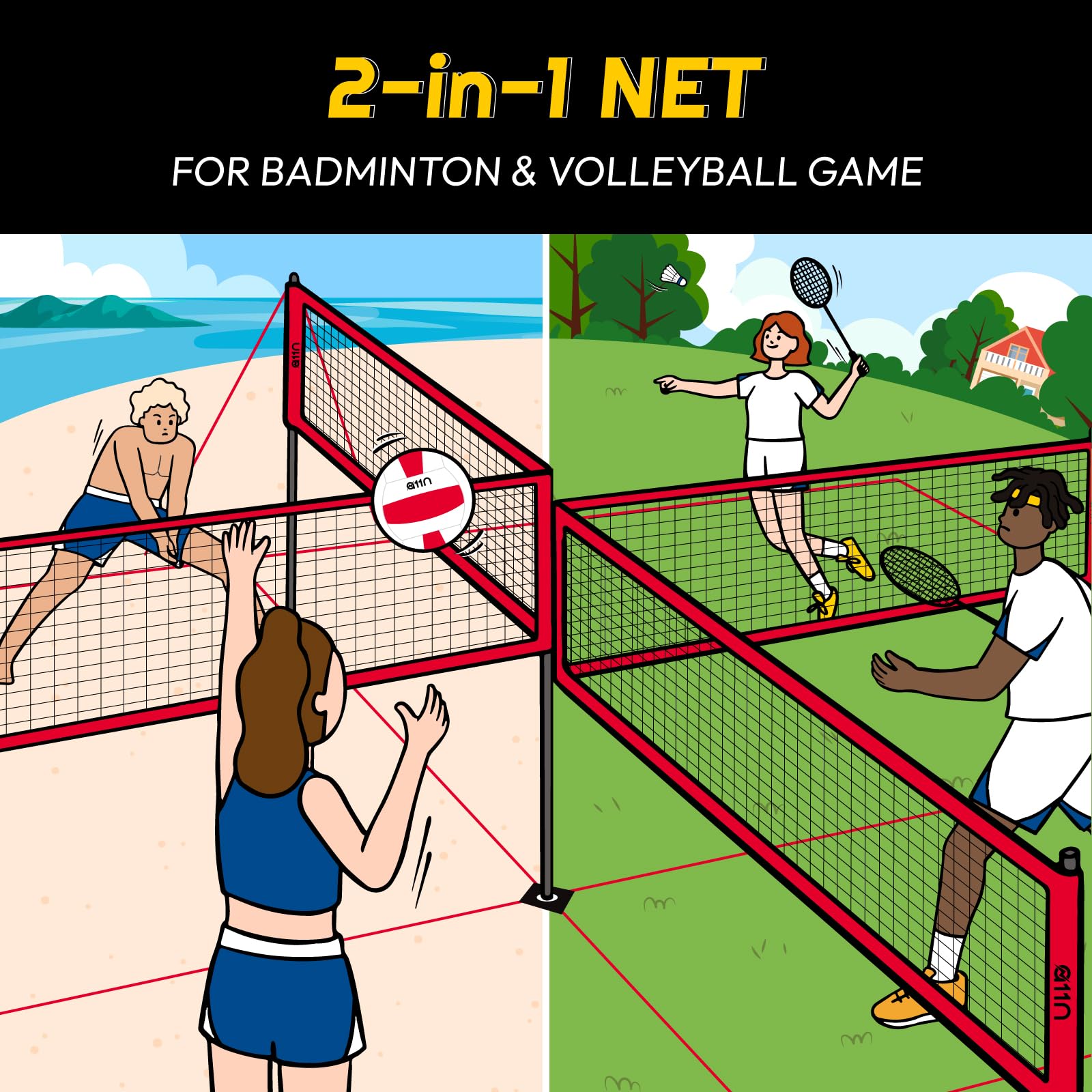 A11N 4-Way Volleyball and Badminton Net Set - Adjustable Height for Backyard, Beach, Park & Outdoor Sports - Perfect for Adults & Kids (Red & Yellow) - Great for Family Gatherings, Picnics, and Summer Games