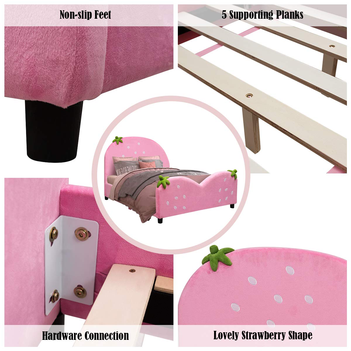 Costzon Twin Bed Frame for Kids - Wooden Upholstered Platform Bed with Slat Support, Padded Headboard & Footboard | No Box Spring Needed | Easy Assembly | Fits Standard Twin Mattress (Strawberry Red) | Perfect for Kids' Bedrooms, Dorm Rooms & Guest Rooms