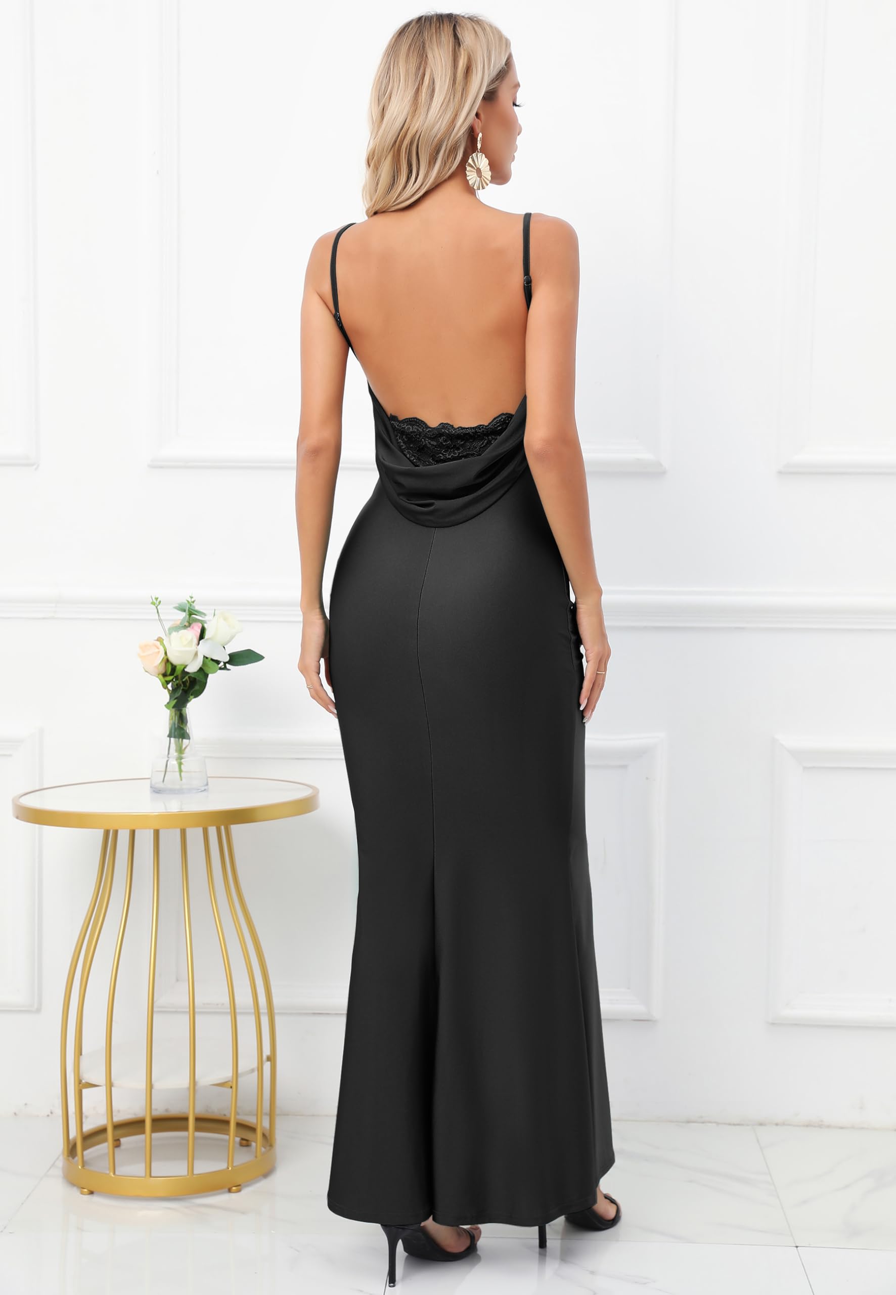 Elegant Capuffy Women's Formal Maxi Dress with Lace Backless Design & Spaghetti Straps | Mermaid Evening Gown for Cocktail Parties, Weddings & Special Occasions