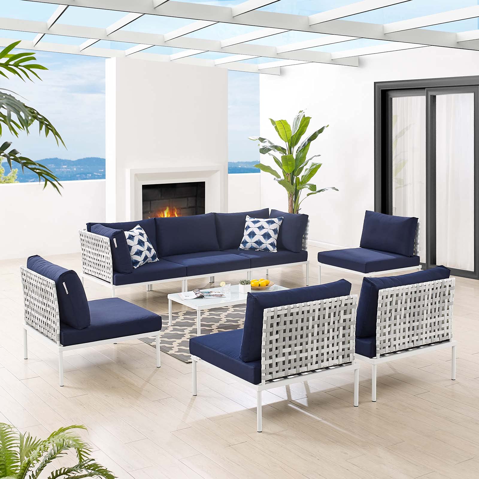 Modern Navy Blue Aluminum Lounge Sectional Sofa Set with Table - Outdoor Patio Furniture for Garden, Poolside & Cafe Relaxation