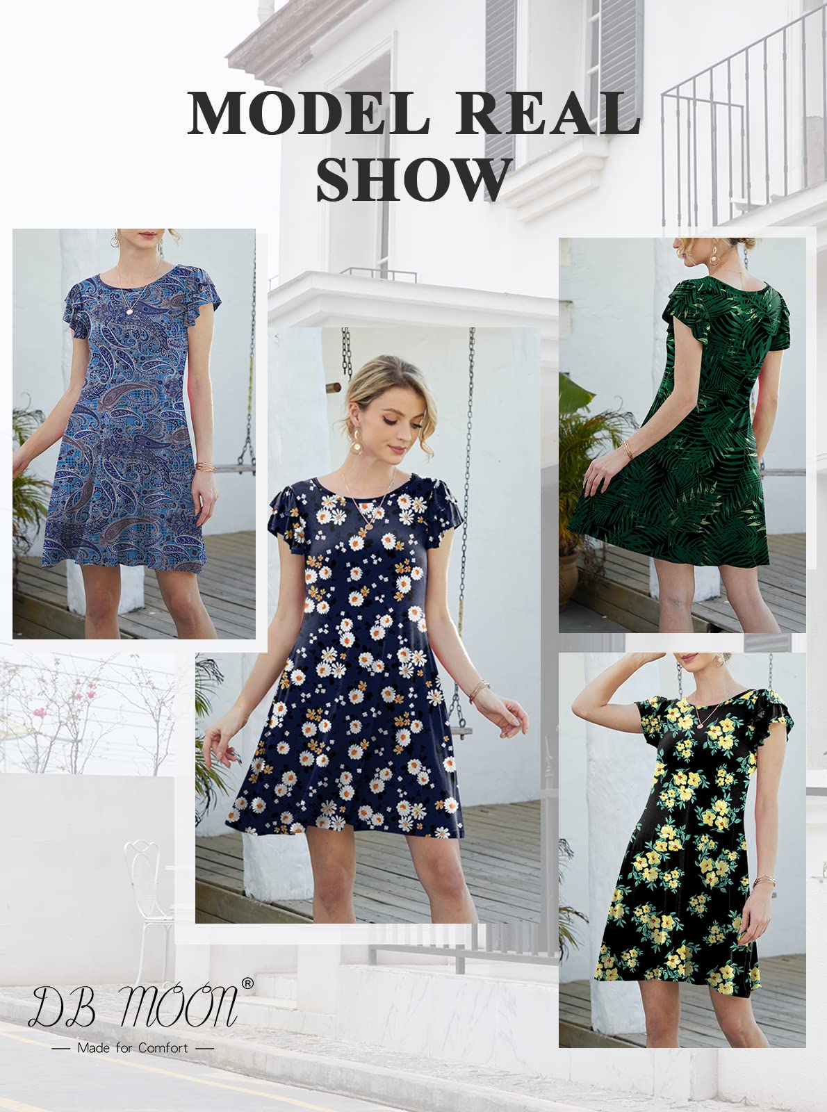 DB MOON Women's 2025 Mini Summer Dress - Casual Ruffle Short Sleeve Crew Neck Flowy Dress with Pockets | Perfect for Beach, Vacation & Date Night Outfits
