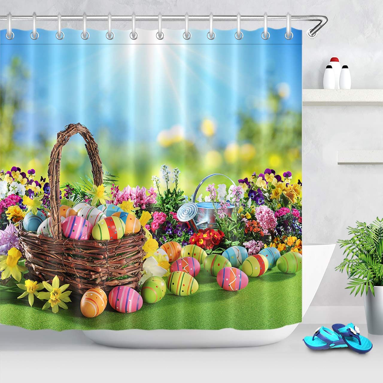 ECOTOB Easter Shower Curtain Set - Waterproof 72x72 Inch Spring Floral Design with Colorful Eggs, Green Grass & Basket Flowers - Perfect for Bathroom Decor, Easter Party & Spring Home Decoration