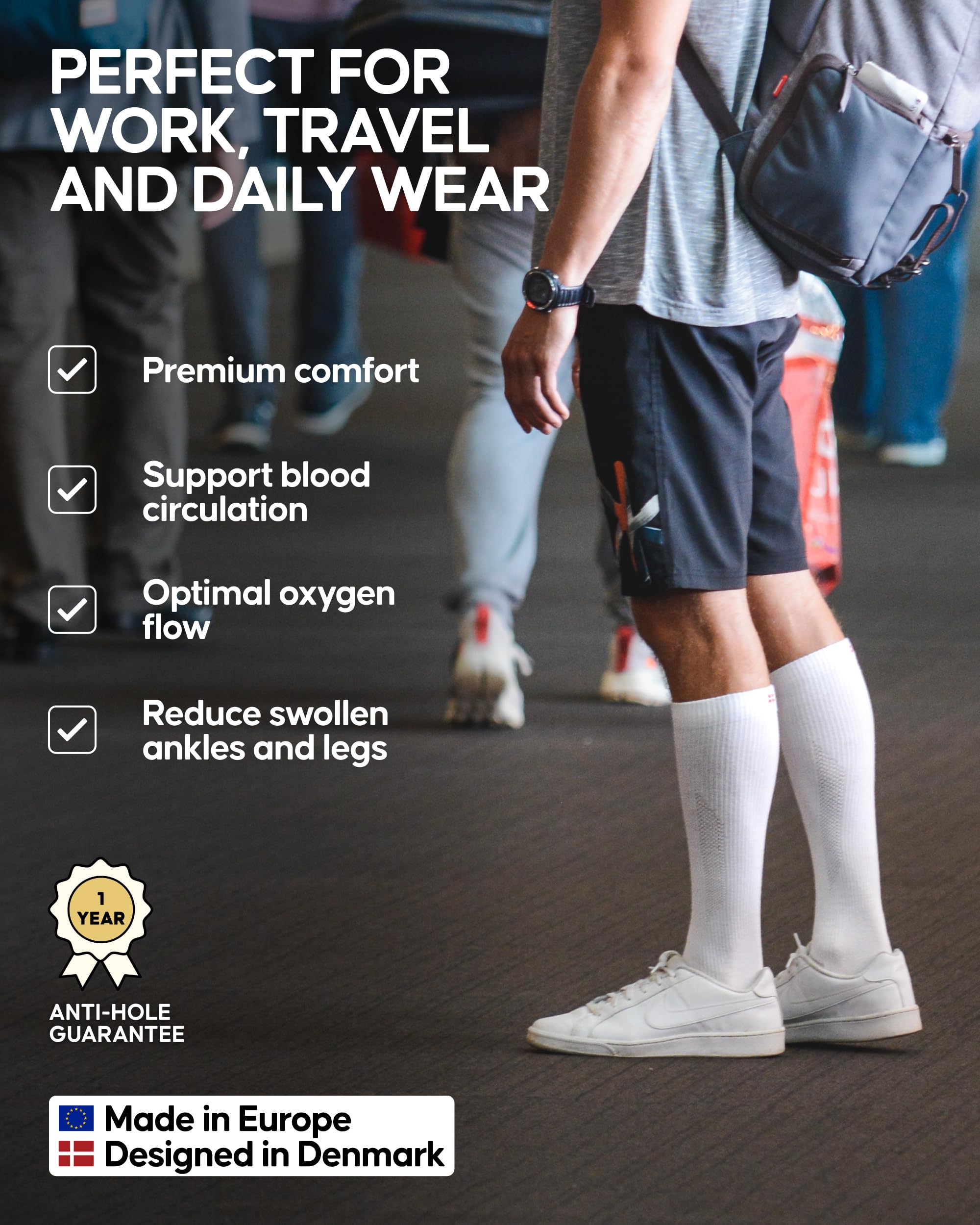 DANISH ENDURANCE Compression Socks for Men & Women - Organic Cotton, Flight & Travel Socks with Graduated 14-18 mmHg Support - Perfect for Running, Hiking, Nursing & Long Flights
