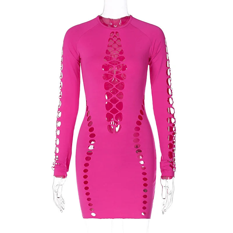 Black Hollow Out Sexy Mini Dress for Women - 2023 Spring New O-Neck Long Sleeve Bodycon Club Party Short Dress | Perfect for Night Out, Date Night, and Special Occasions