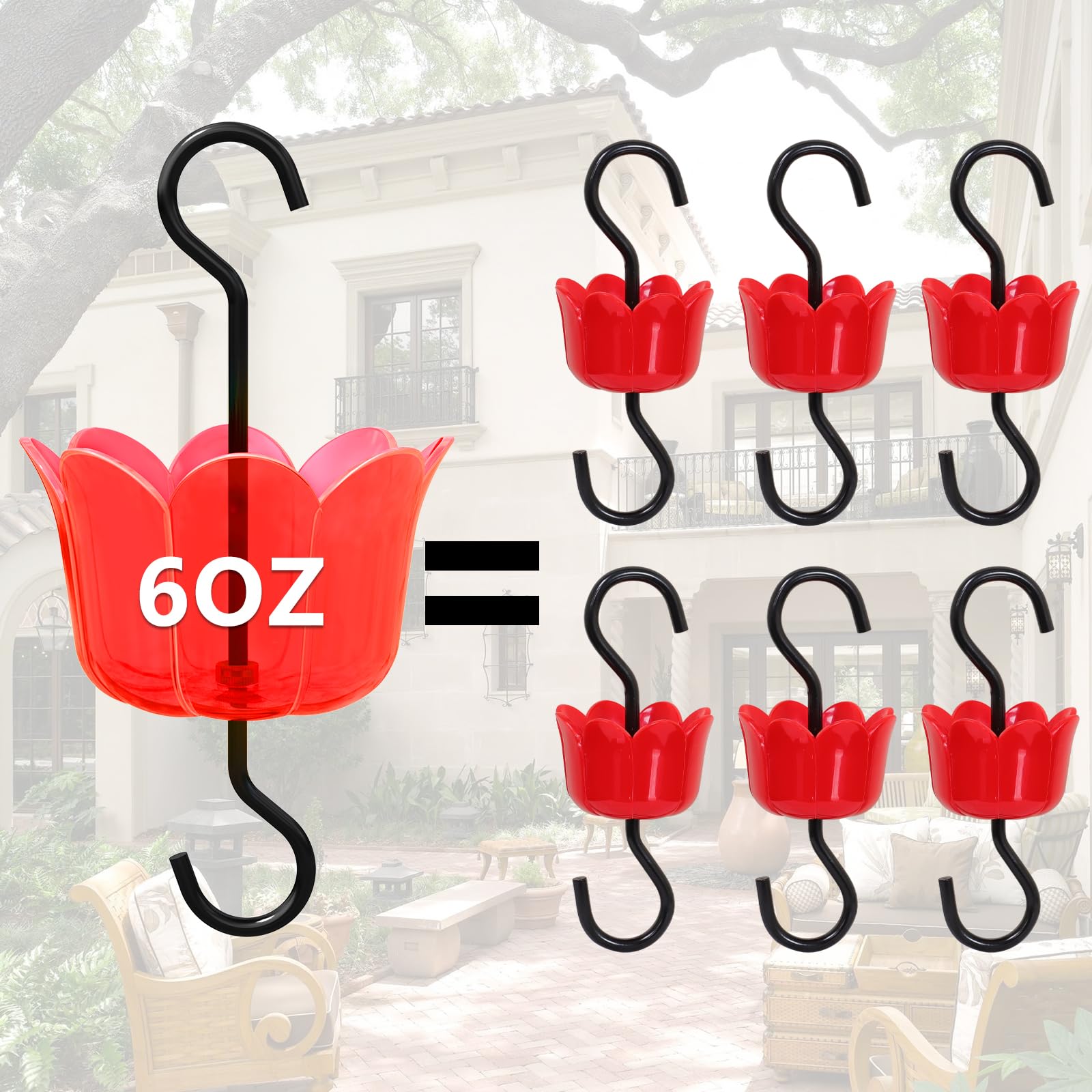 6 OZ x 2 Ant Moat for Hummingbird Feeders - Red Flower Ant Guard with 2 Rustproof S Hooks & Cleaning Brushes | Durable Plastic & Metal Hummingbird Feeder Accessories | Perfect for Outdoor Bird Watching & Garden Decoration