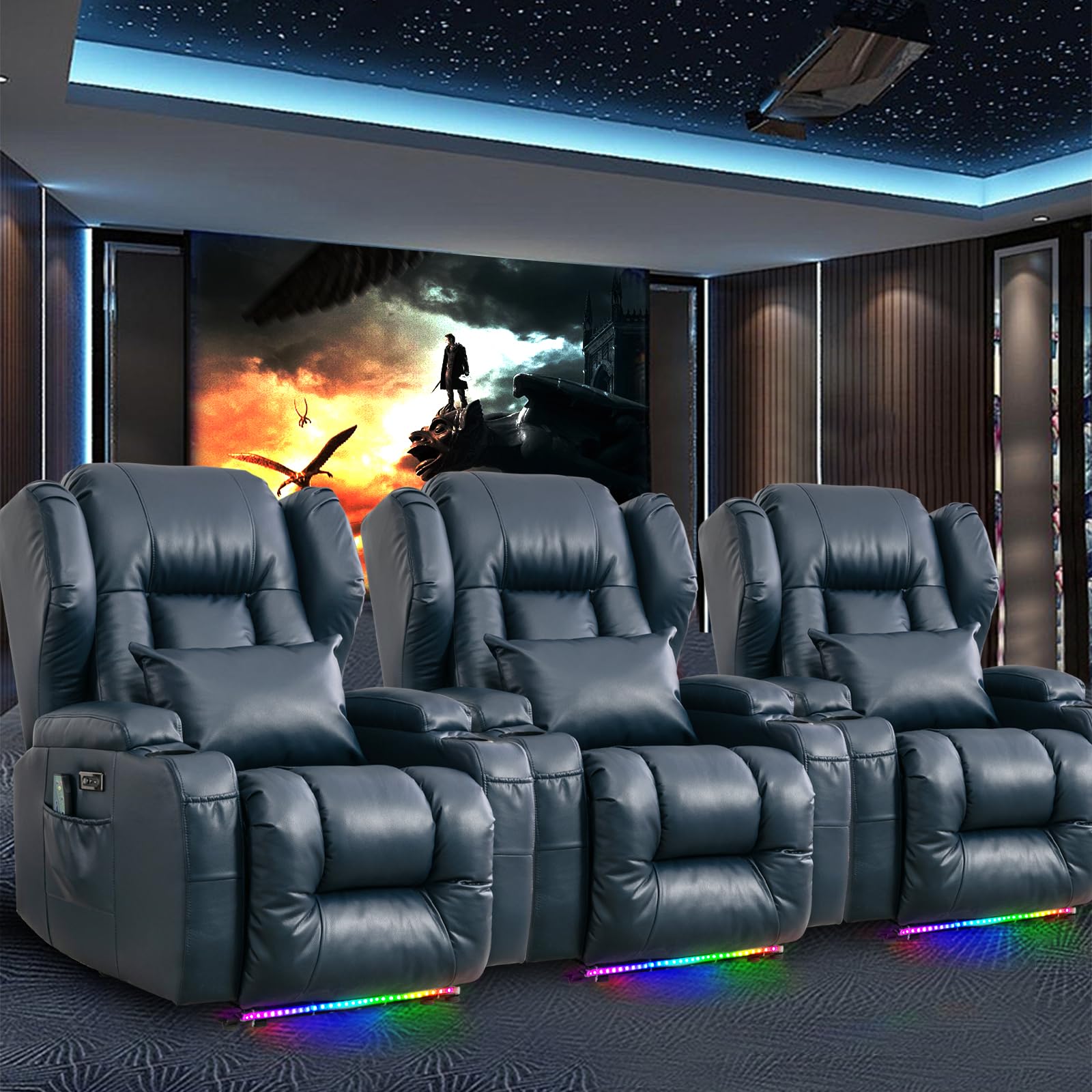 2PC Power Recliner Chair Set with Massage, Heat & LED Lights - Home Theater Seating, Living Room Reclining Sofa with Cup Holder & USB Charger | Perfect for Movie Nights, Gaming & Relaxation