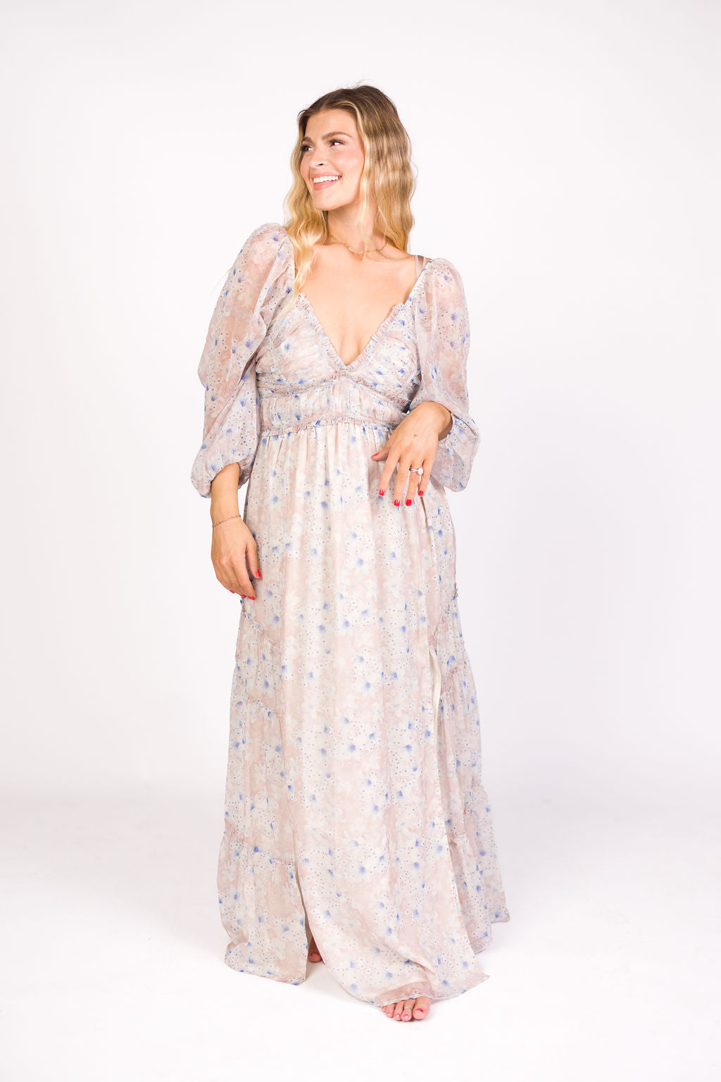 Bump Friendly Daphne Long Sleeve Maxi Dress - Floral Maternity Dress in Beige & Blue, Inclusive Sizing XS to 3XL | Perfect for Pregnancy, Nursing, and Special Occasions