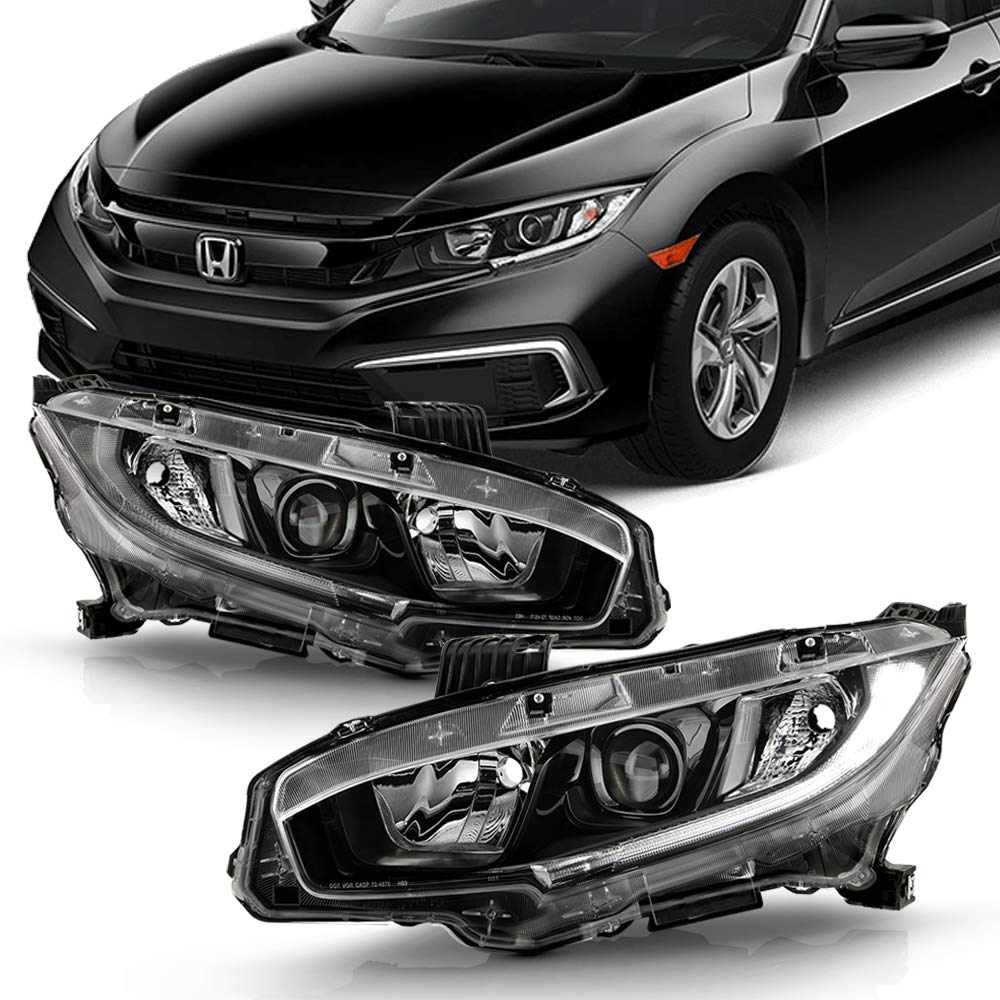 ACANII Black Housing Projector Headlights Assembly Pair for 2016-2021 Honda Civic - Left+Right Halogen Replacement - Upgrade Night Visibility & Style for Daily Driving & Road Trips