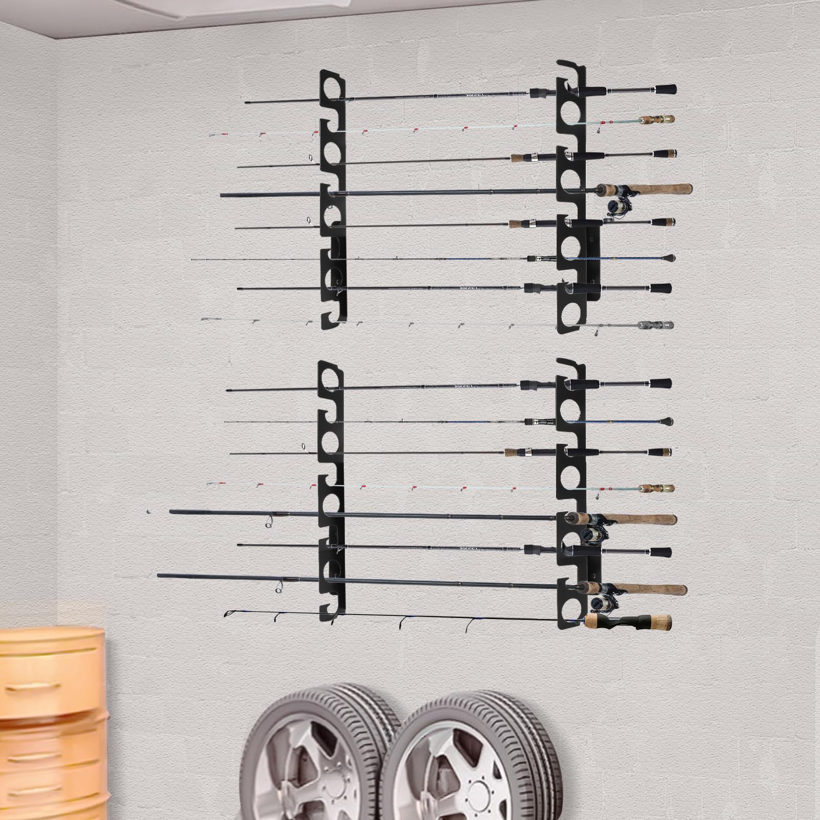 4-Set Wall Mount Fishing Rod Holder Rack - Holds 16 Rods, Horizontal Garage Storage for Fishing Gear, Ice Fishing Equipment - Perfect Gift for Anglers & Men (Black) | Ideal for Garage Organization, Boat Storage & Fishing Enthusiasts