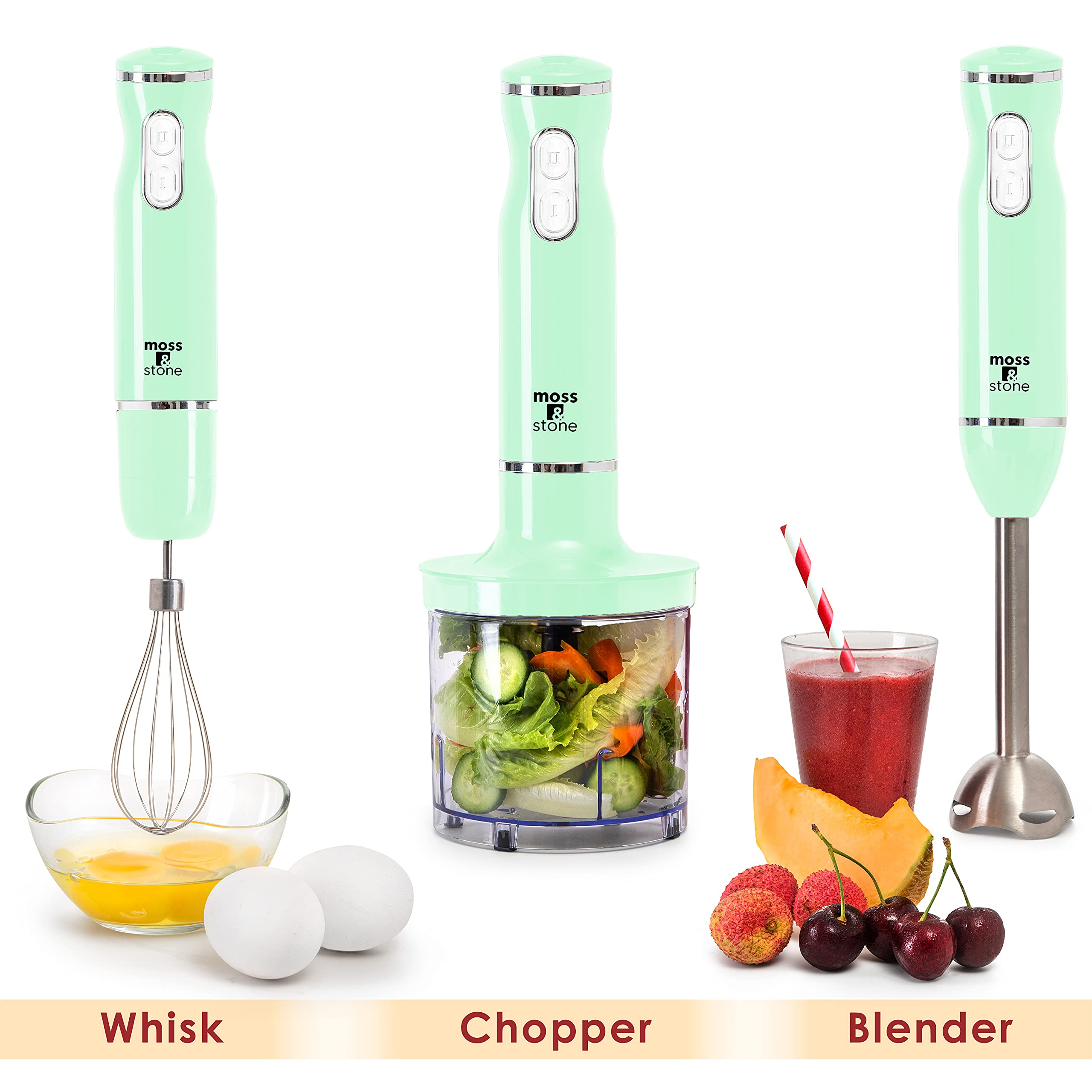 **300W Electric Hand Blender with Stainless Steel Blades - Moss & Stone Stick Blender with Egg Whisk & Chopper - Powerful Hand Mixer for Smoothies, Soups & Baking - Ergonomic Handle for Easy Use**