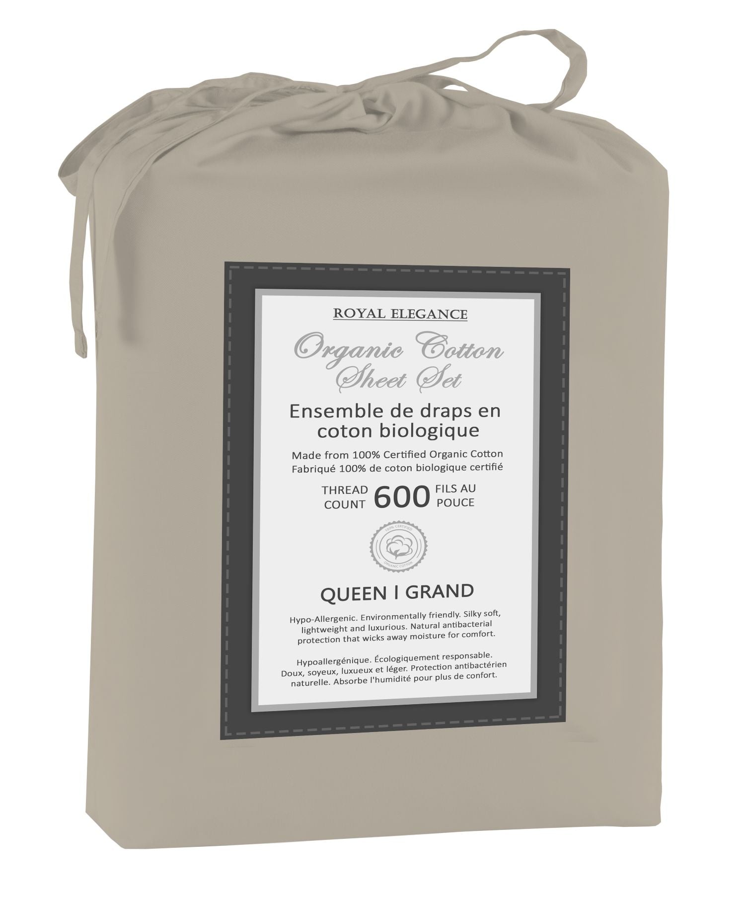 100% Organic Cotton Queen Sheet Set - 600 Thread Count, Beige - Soft & Breathable Bedding for Comfortable Sleep & Luxury Hotel Feel