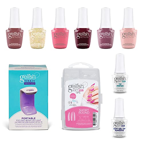 Gelish Soft Gel Soak Off Manicure Kit with Mini LED Cure Light - 110 Short Round Tips & Core Neutrals Collection (6 Colors, 9mL Nail Polish) | DIY Salon-Quality Gel Nails at Home for Manicures & Pedicures