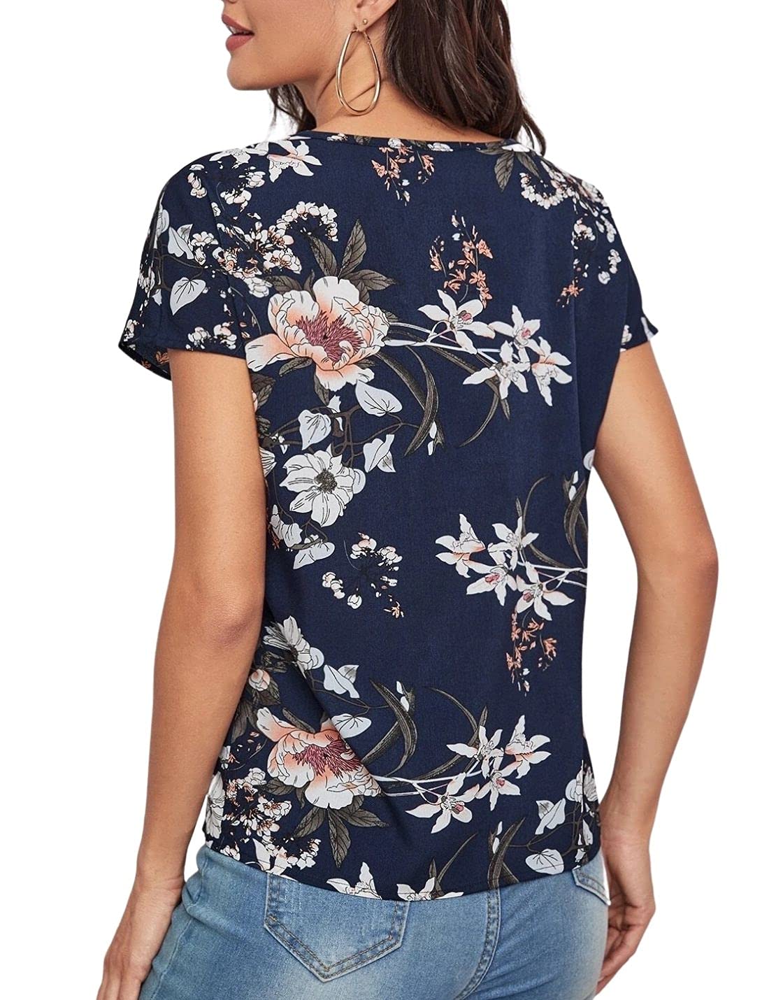 Kwoki Women's Short Sleeve Floral Leopard Print V-Neck Tunic T-Shirt Blouse - Casual Summer Tops for Work, Date Night & Vacation Outfits