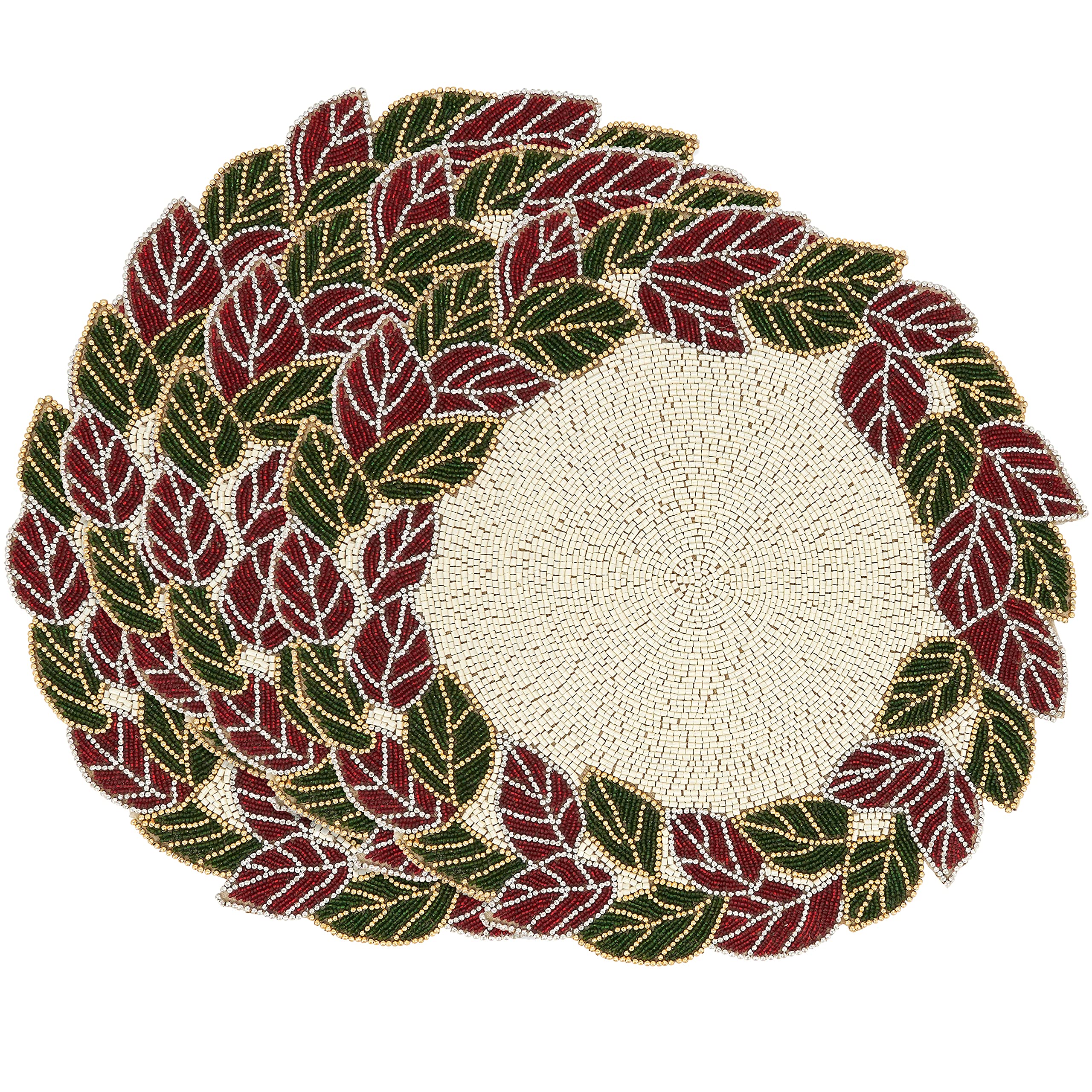 Beaded Leaves Placemats Set of 4 - Handwoven Bohemian Table Mats for Dining Room Decor, Wedding, Thanksgiving & Holiday Dinner Parties