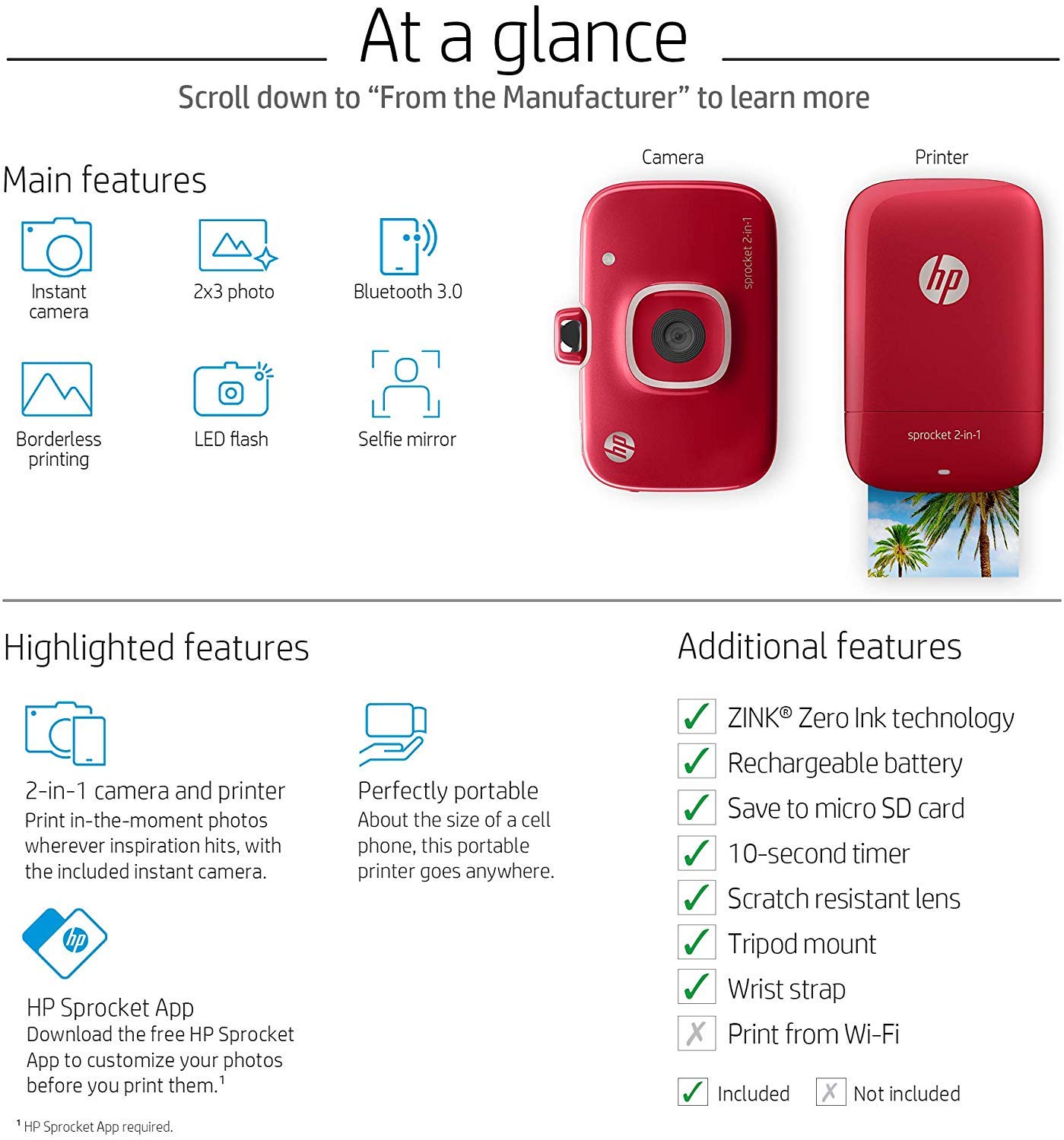 HP Sprocket 2-in-1 Portable Photo Printer & Instant Camera - Print 2x3