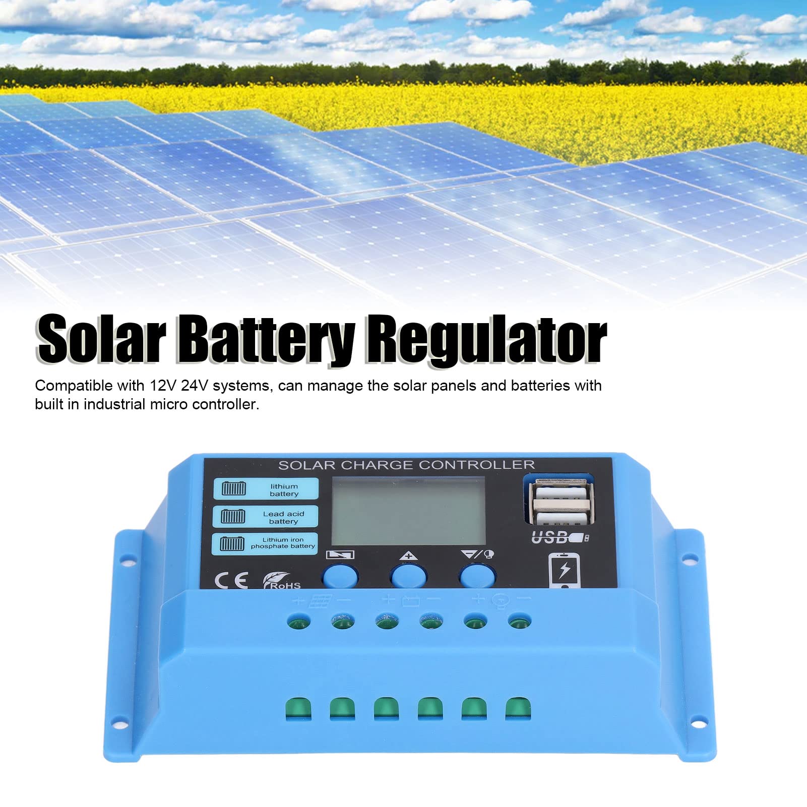 Best Solar Charge Controller with USB Output - 12V/24V Solar Battery Regulator for Phones, Lights, Cameras - Ideal for Camping, RV, Off-Grid Power
