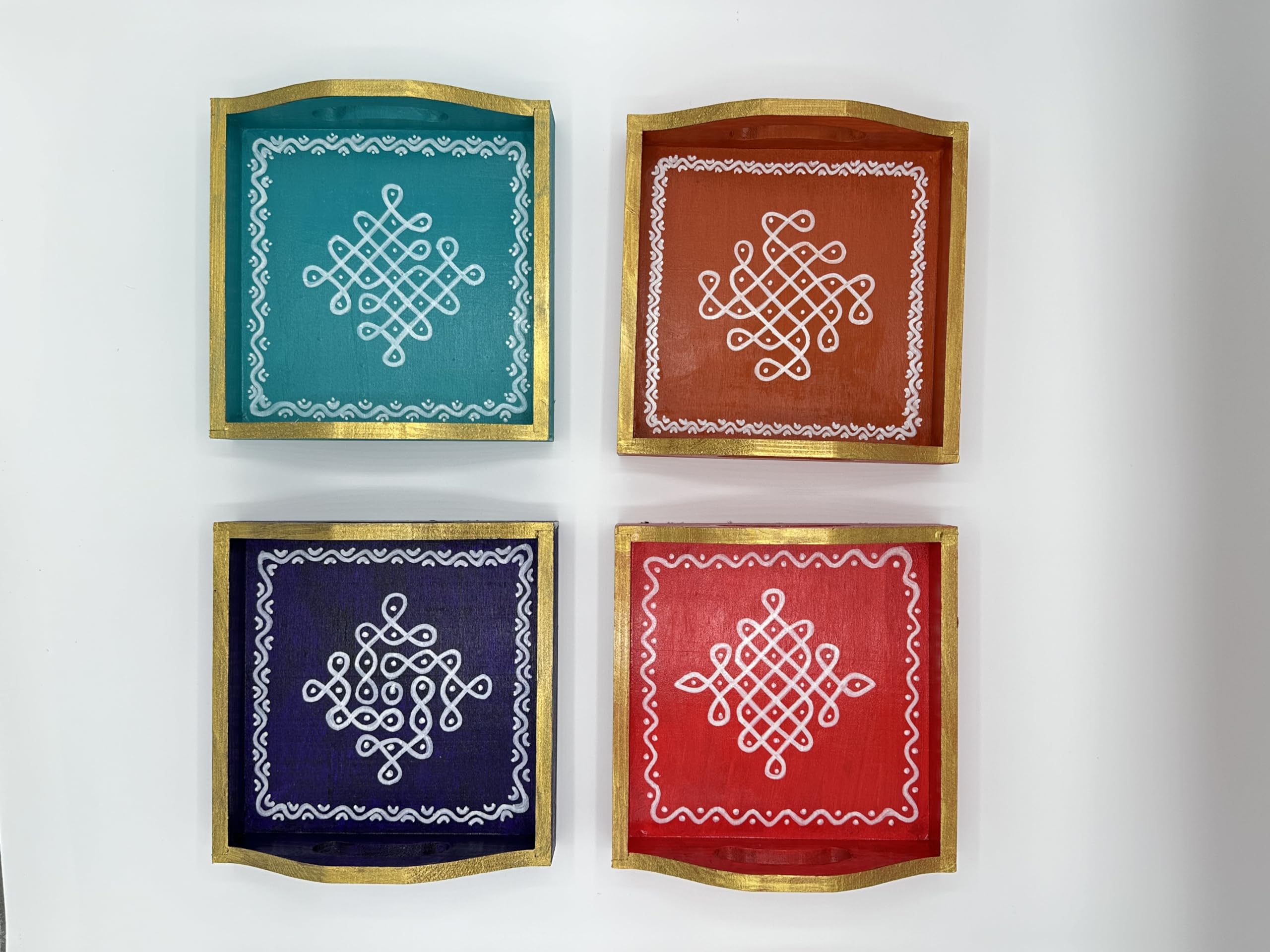 Hand Painted Indian Kolam Trays - 6x6 Inch Decorative Serving Trays for Coffee Table - Set of 8 - Perfect for Indian Housewarming, Wedding & Pooja Gifts - Ideal for Festive Decor, Tea Serving & Home Décor