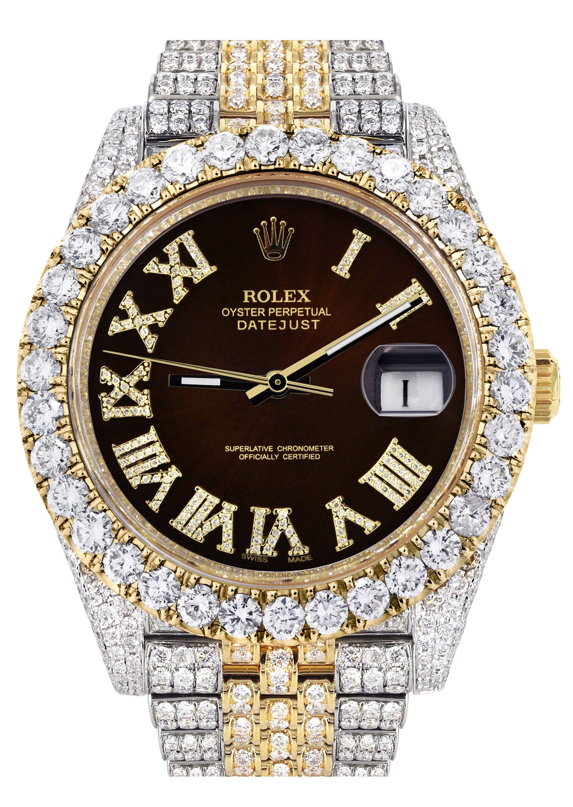 Luxury Diamond Iced Out Rolex Datejust 41 Watch - 25 Carats Genuine Diamonds | Custom Dark Brown Roman Numeral Diamond Dial | Two-Tone Stainless Steel & Gold | Jubilee Bracelet | Perfect for Special Occasions & Luxury Gift Giving