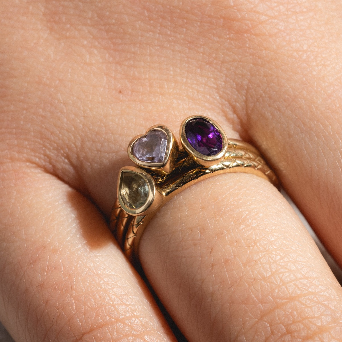 14K Solid Gold Amethyst Trio Ring Set for Women - Dainty Stackable Rings for Everyday Wear, Gift for Her, Wedding, Anniversary & Special Occasions