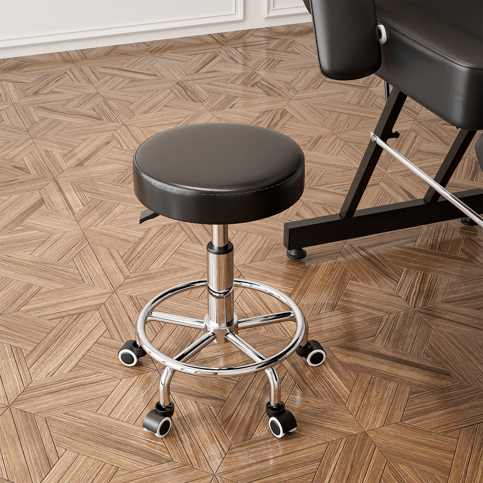 360° Swivel Rolling Stool Chair - Adjustable Height Salon & Office Chair with Wheels for Hair Styling, SPA, Medical, Drafting & Workstations - Black