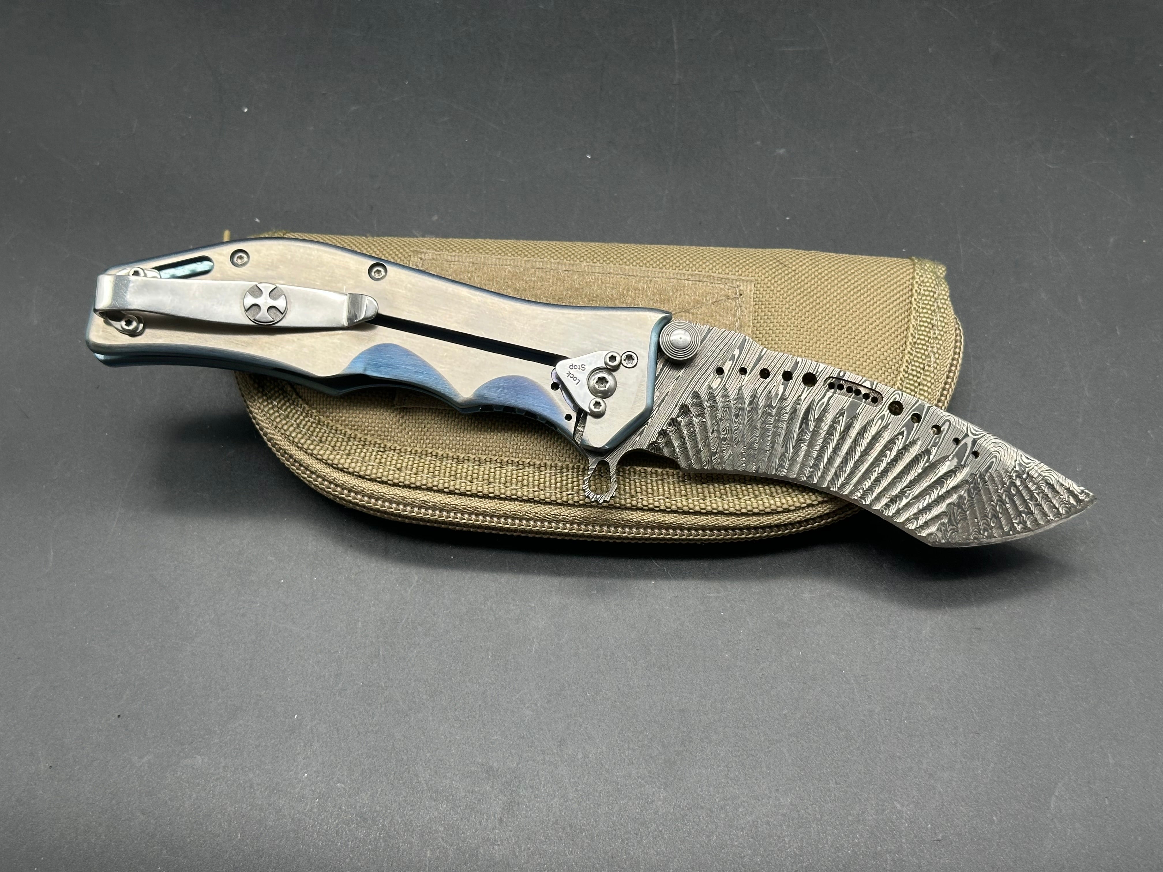 Darrel Ralph Custom Gunhammer Knife - Handcrafted Milled Damascus Steel Blade with Anodized Titanium Handle & Damascus Inlay | Tactical EDC, Outdoor Survival, Hunting, and Collector's Knife