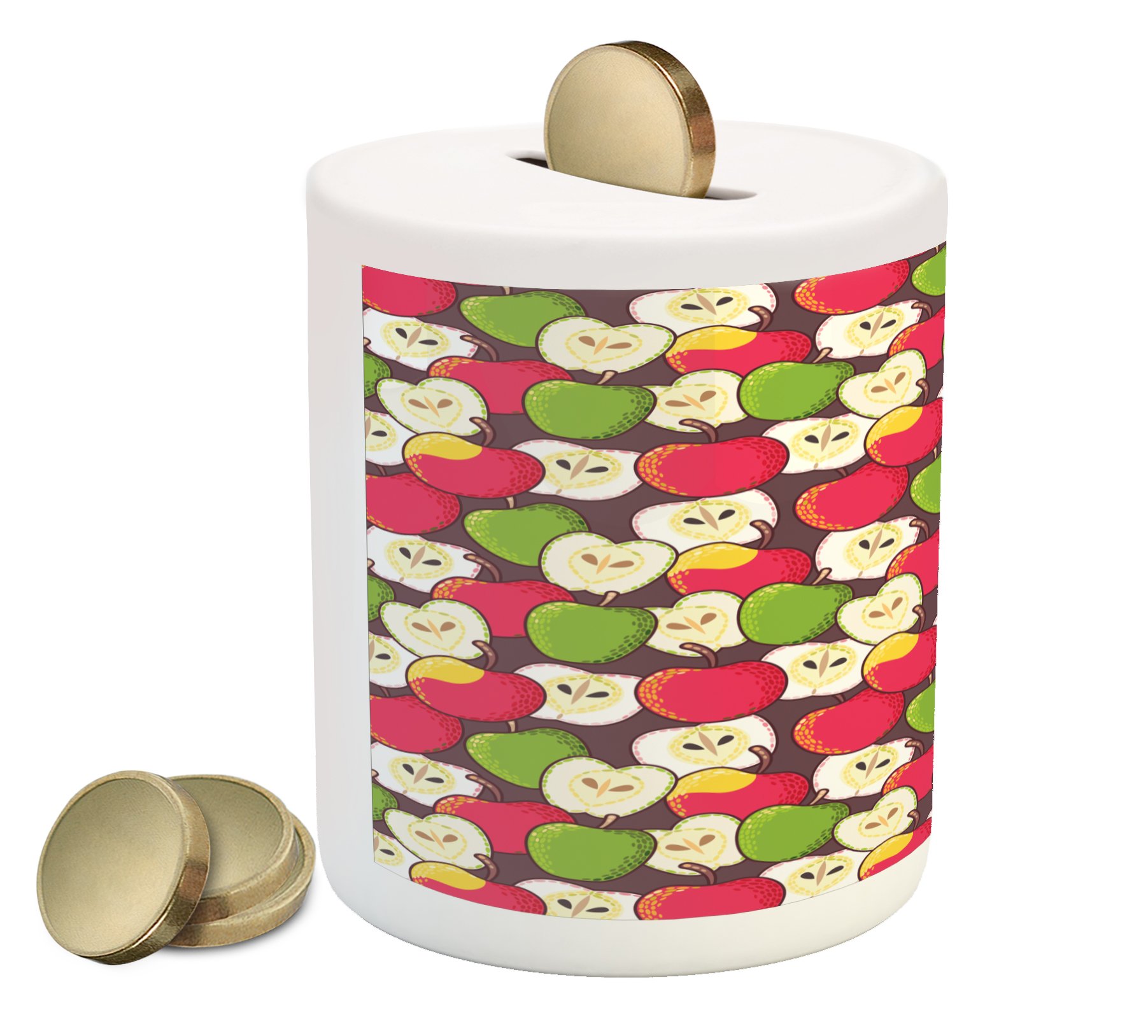 Ambesonne Apple Piggy Bank - Abstract Red & Green Winter Fruits Ceramic Coin Bank for Cash Savings | Juicy Vitamin Fresh Food Design | Money Box for Kids, Teens & Adults | Perfect for Gifts, Home Decor & Savings Goals