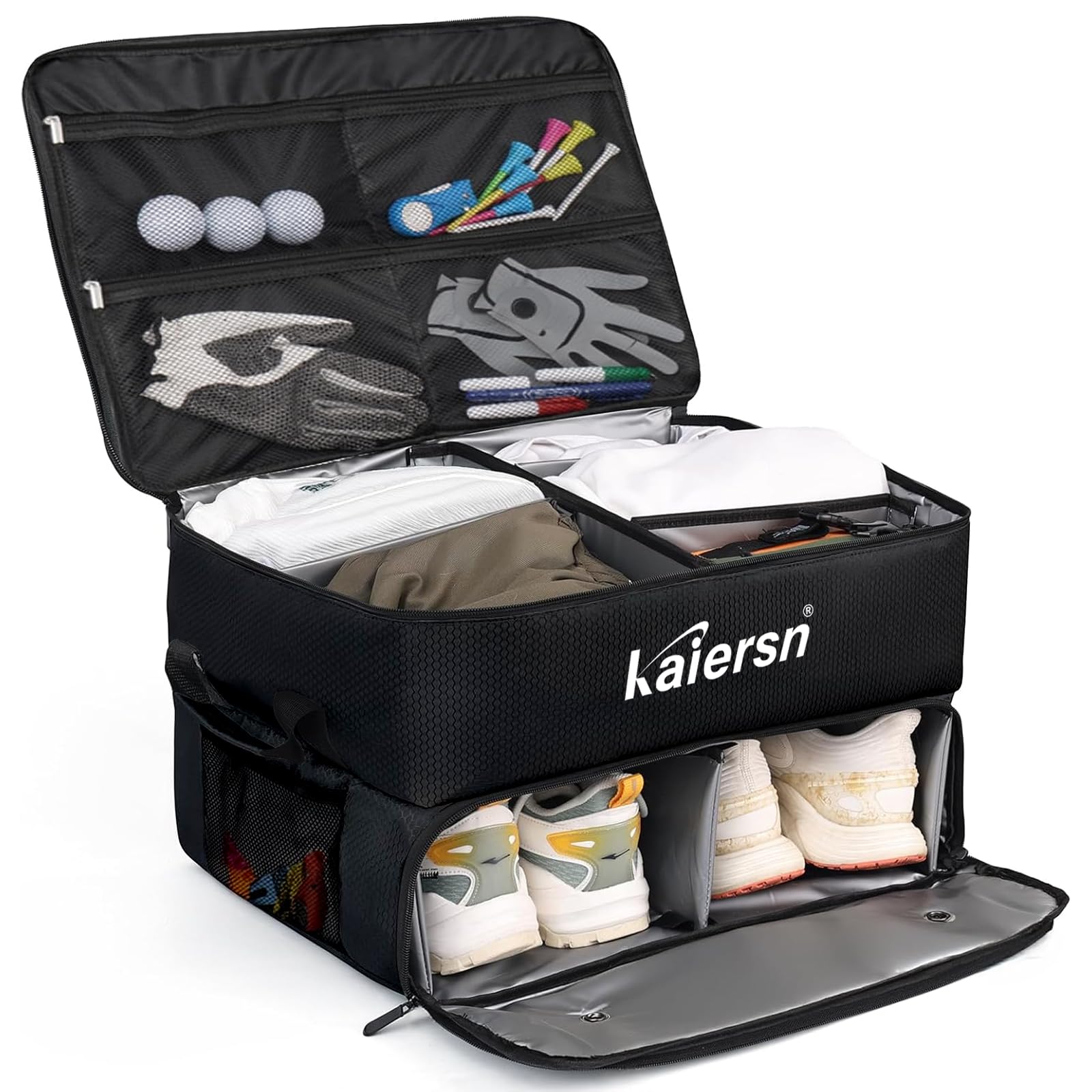 Premium 2-Layer Waterproof Golf Trunk Organizer with Ventilated Shoe Compartment - Durable Car Storage for Golf Balls, Tees, Clothes & Accessories - Perfect for Golfers to Keep Gear Organized On-the-Go