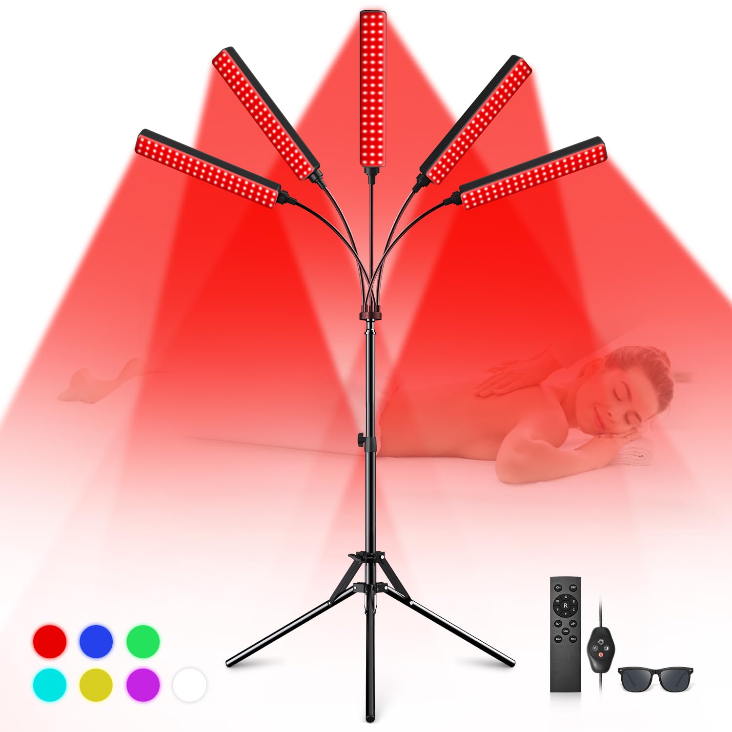 5-Head Red Light Therapy Device for Face & Body - 660nm & 850nm Near Infrared with 7 Color Options | Pain Relief, Skin Rejuvenation, Muscle Recovery | Perfect for Home Spa & Wellness Treatments
