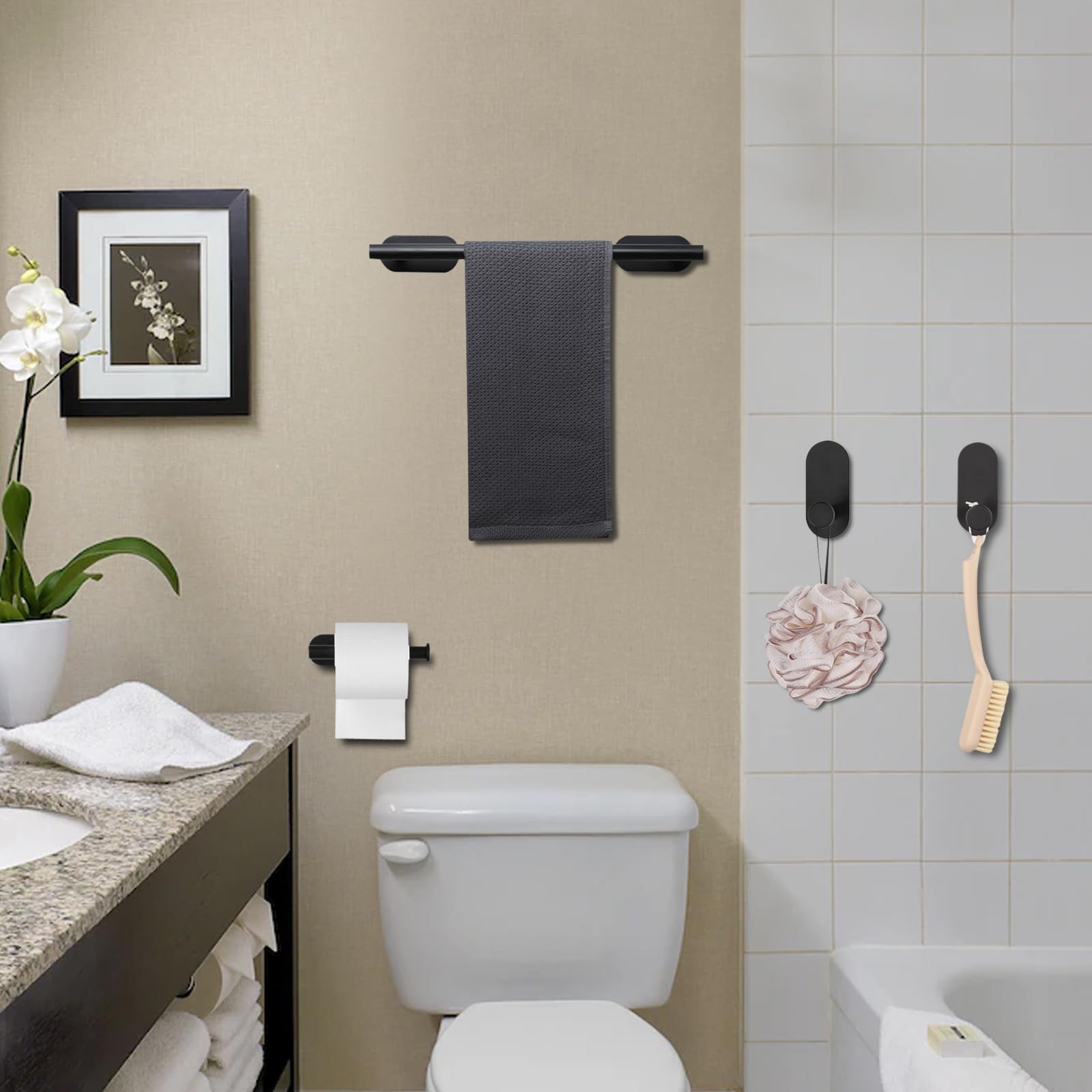 JiGiU No Drill Stick On Bathroom Hardware Set - 16-Inch Self Adhesive Towel Bar, Toilet Paper Holder, Towel Ring & 3 Hooks - Stainless Steel Black - Perfect for Small Bathrooms, Apartments & RVs