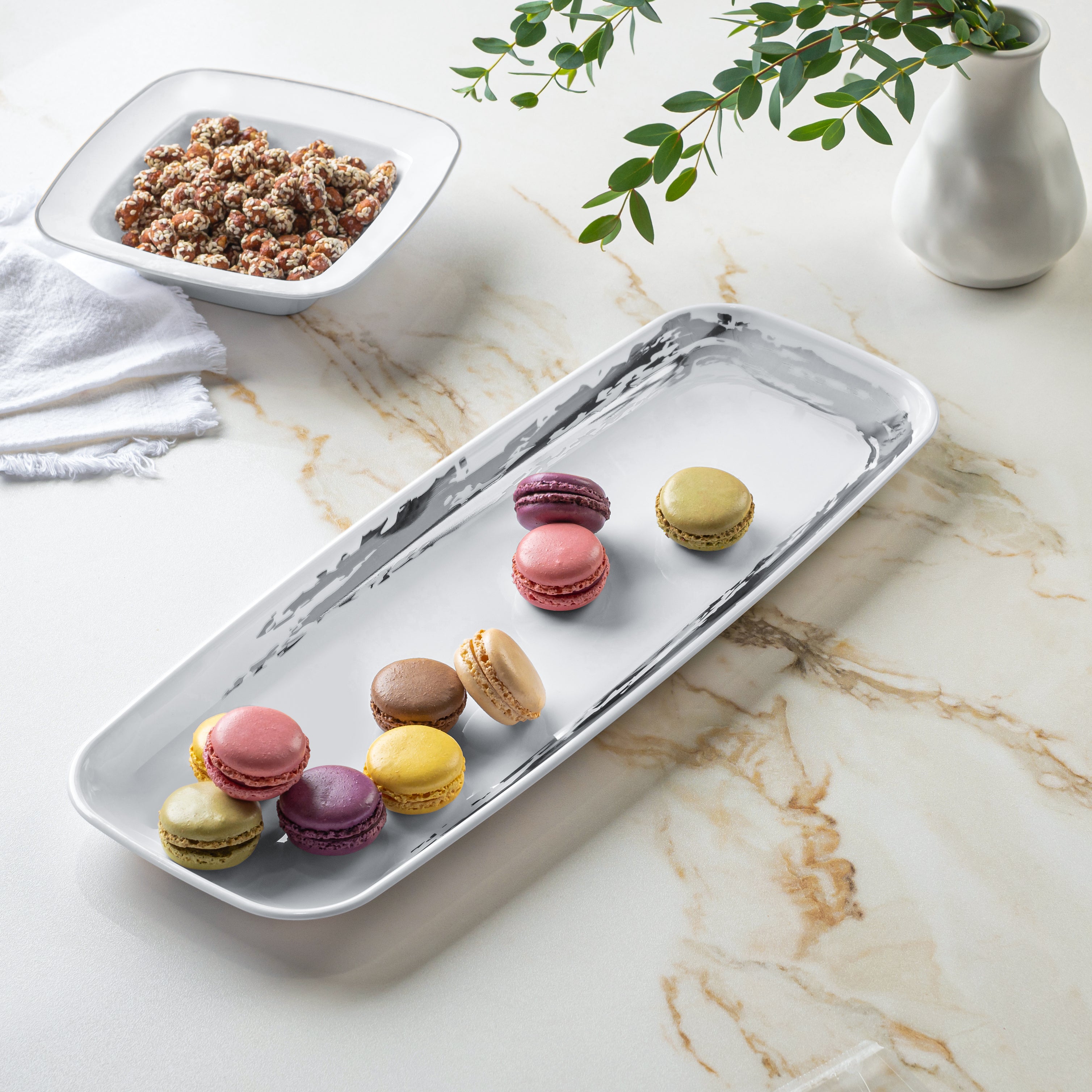 Premium White and Silver Oval Serving Dishes - 2 Pack Set for Elegant Dinner Parties, Buffets, and Holiday Entertaining