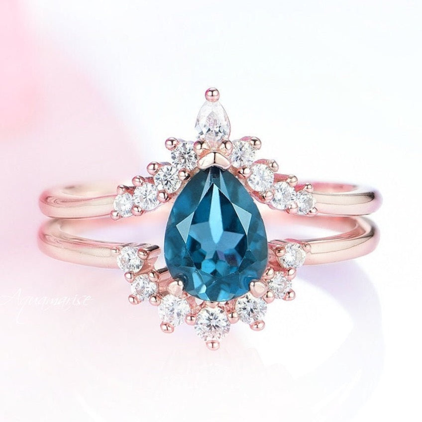 Lunette London Blue Topaz Ring Set - 14K Rose Gold Vermeil Stackable Rings for Women, Elegant Jewelry Gift for Her, Perfect for Weddings, Anniversaries & Special Occasions