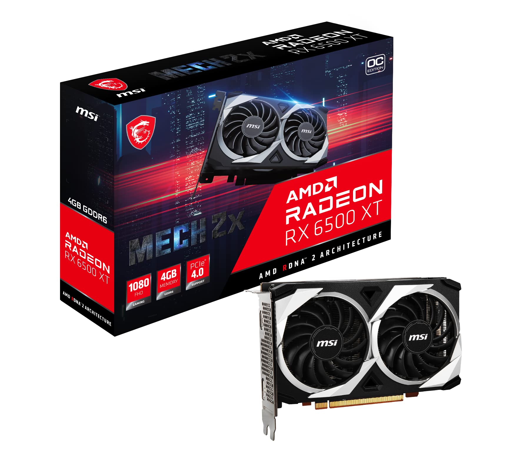 MSI Gaming AMD Radeon RX 6500 XT 4GB GDDR6 Graphics Card - 64-bit, PCIe 4.0, Dual Torx Fans, FreeSync, DirectX 12, VR Ready, Overclocked (RX 6500 XT MECH 2X 4G OC) | Perfect for 1080p Gaming, Streaming & VR Experiences