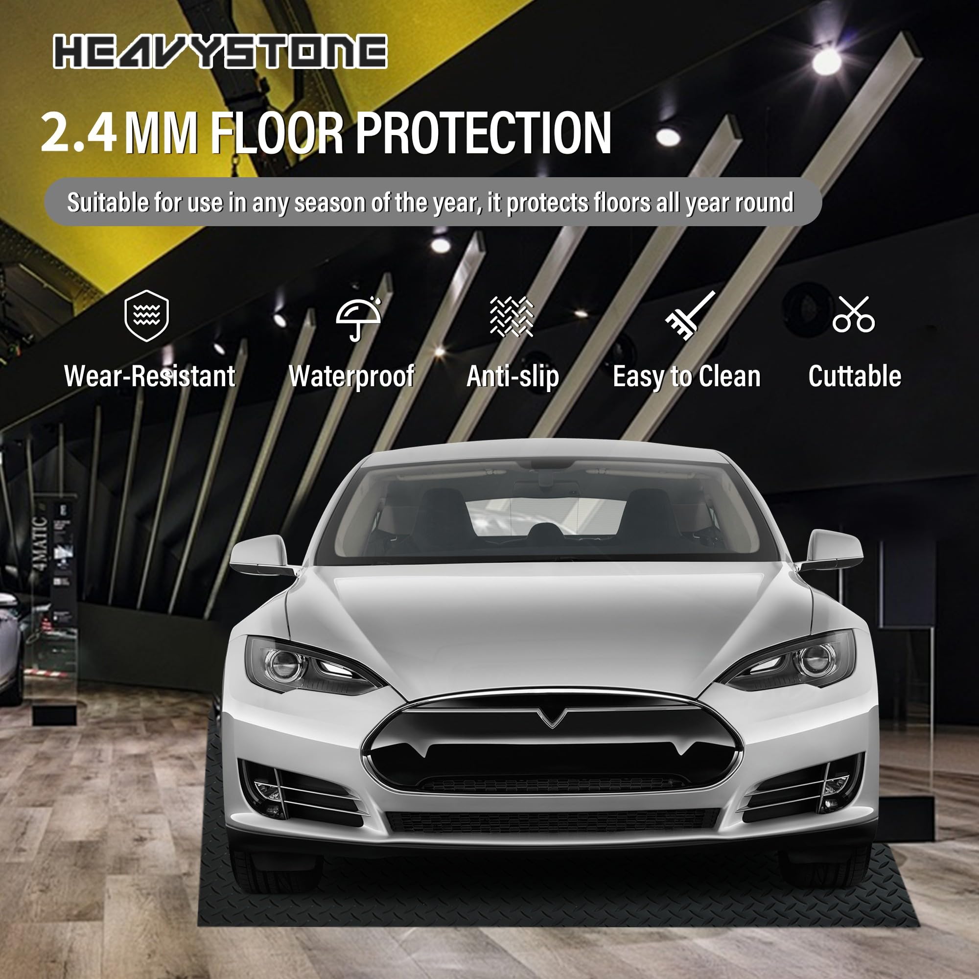 7.5 x 17 FT Heavy Duty PVC Garage Floor Mat Roll - Diamond Plate Pattern, 2.4mm Thickness, Waterproof Parking Mat for Garage, Workshop & Driveway Protection - Black