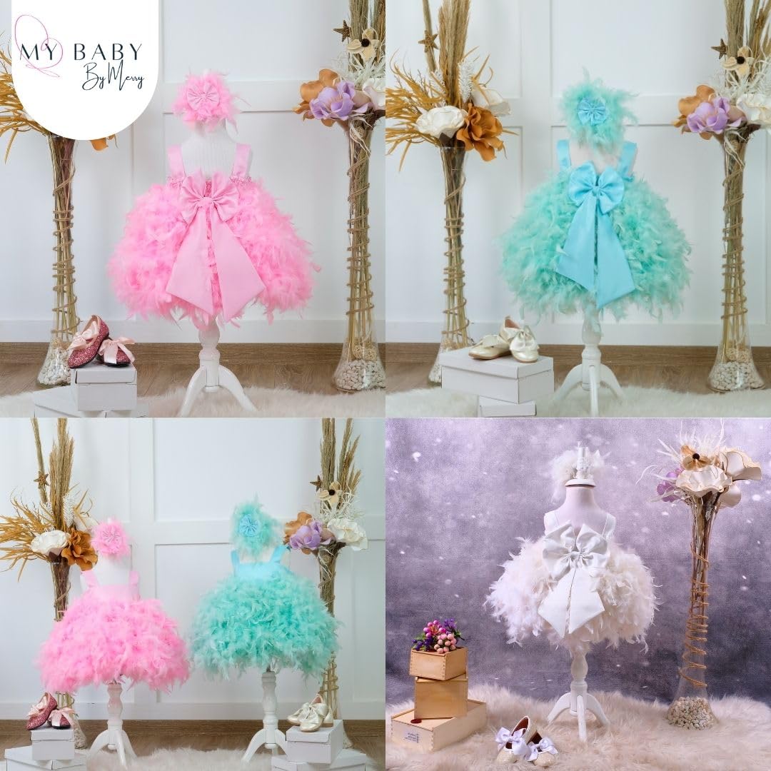 Elegant Pink Feather Cupcake Pageant Dress for Baby Girls 12-18 Months - Sleeveless Floral Maxi Dress for Birthday, Holiday & Special Occasions - Toddler Girl's Fancy Party Outfit
