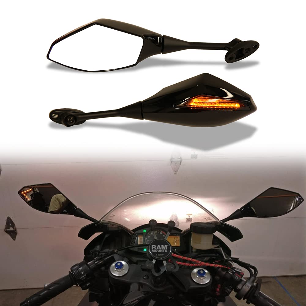 DREAMIZER Motorcycle Rear View Mirrors with Integrated Turn Signal Lights - Universal Fit for Honda CBR500RR CBR600RR CBR1000RR & Suzuki GSXR600 GSXR750 - Gloss Black with Yellow Arrow Indicators - Enhanced Safety for Night Riding and Urban Commuting