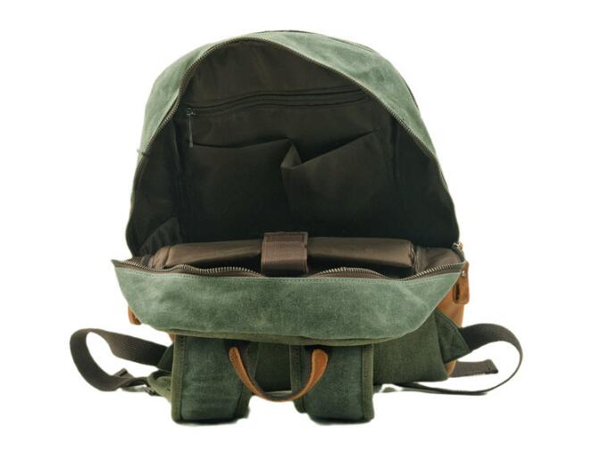 Durable Canvas Leather Rucksack Backpack - Waterproof Travel Hiking Bag for Men & Women (Grey, Green) - Perfect for Outdoor Adventures, Commuting & Daily Use
