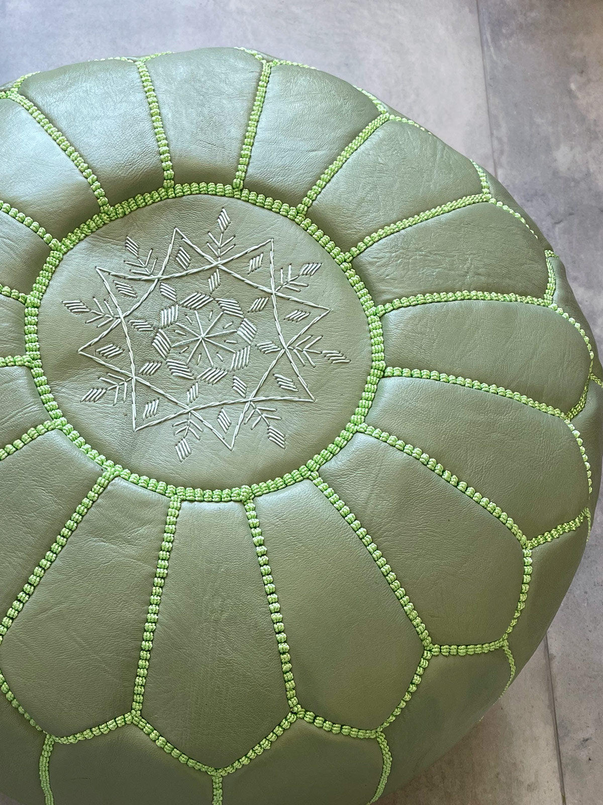 Handmade Moroccan Leather Pouffe Ottoman - Sage Green Boho Chic Footstool for Living Room, Bedroom & Nursery Decor | Perfect for Relaxing, Extra Seating & Stylish Home Accent